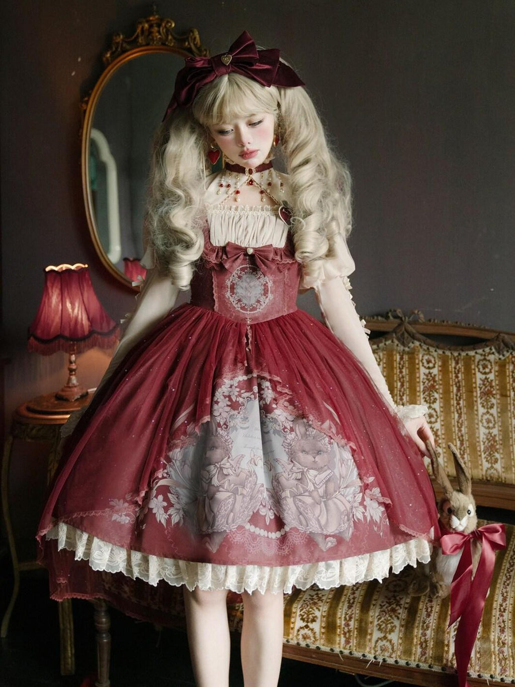 Jing Mu Red Cute Sweet Girlish Lolita Princess Western Dress Women's Jsk Sets