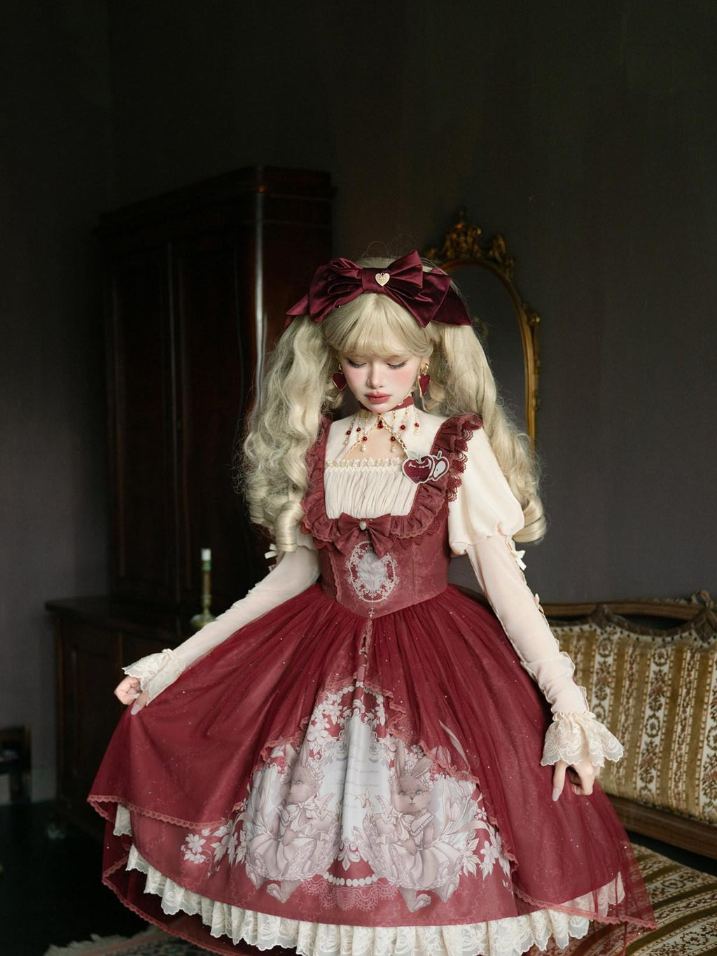 Jing Mu Red Cute Sweet Girlish Lolita Princess Western Dress Women's Jsk Sets