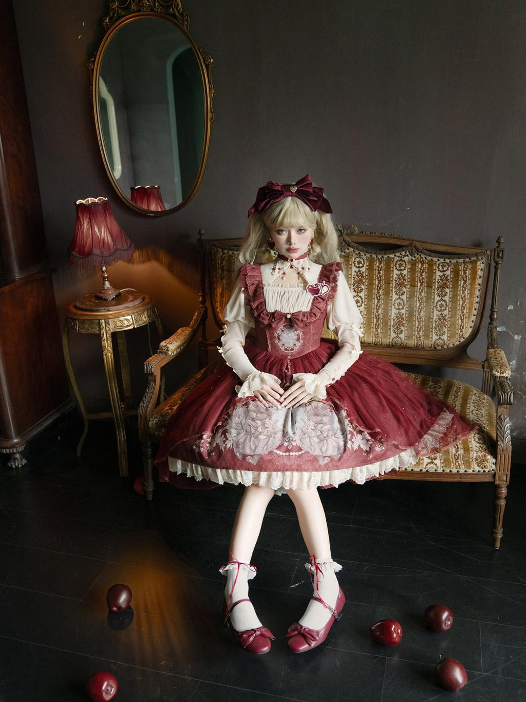 Jing Mu Red Cute Sweet Girlish Lolita Princess Western Dress Women's Jsk Sets