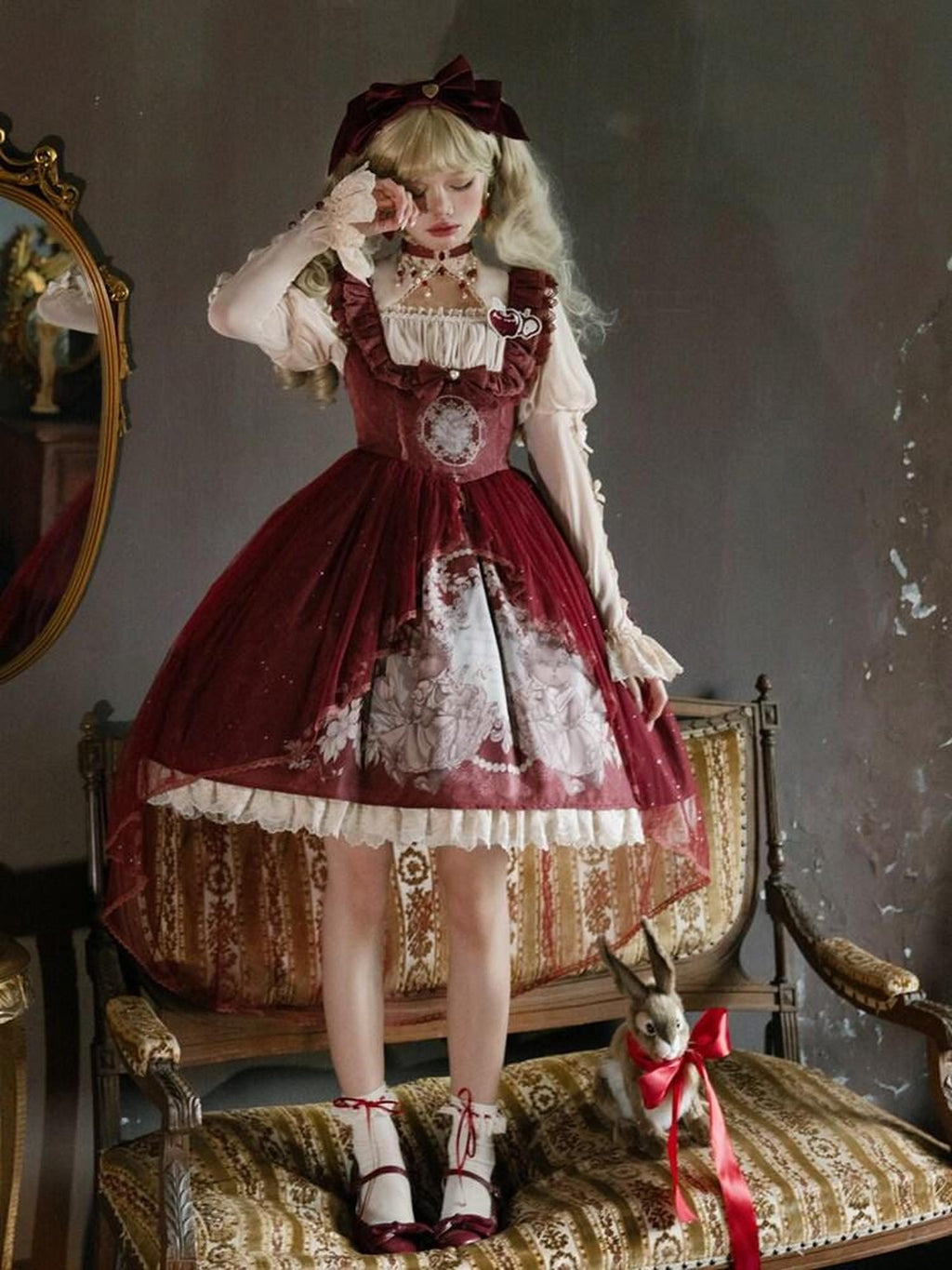 Jing Mu Red Cute Sweet Girlish Lolita Princess Western Dress Women's Jsk Sets