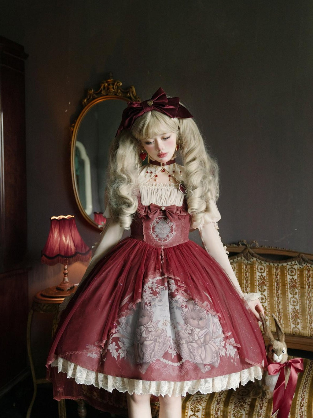 Jing Mu Red Cute Sweet Girlish Lolita Princess Western Dress Women's Jsk Sets