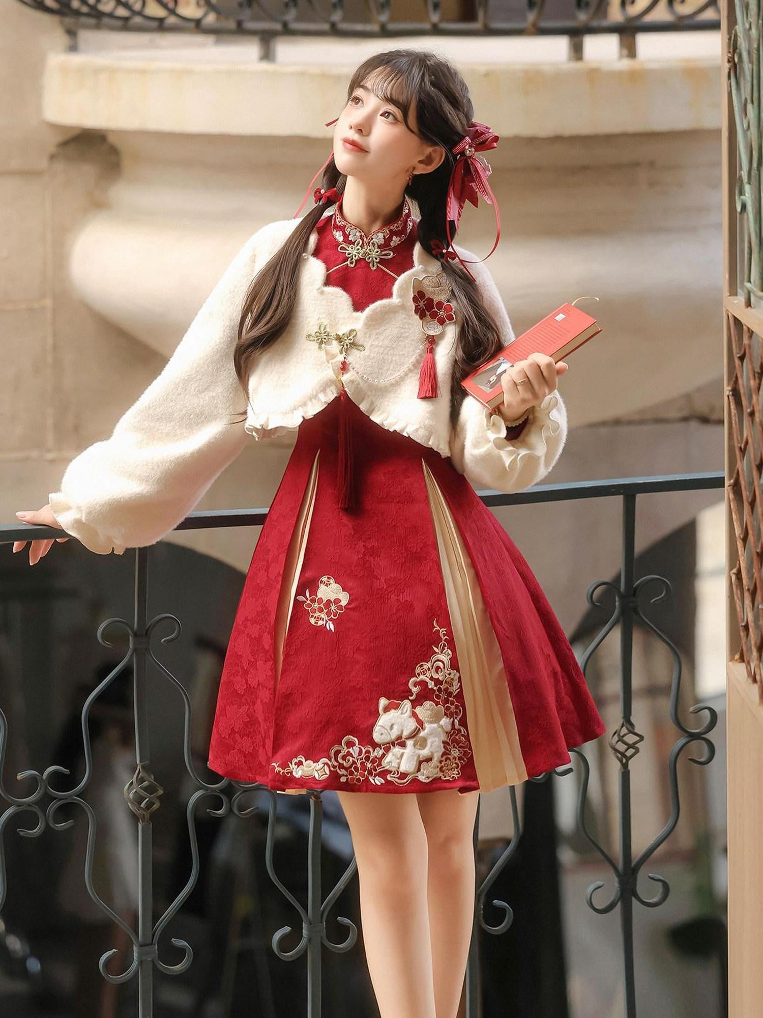 Jing Mu Red Horse Motif Mandarin Collar Cheongsam A Line Lolita Women's Long Sleeve Op