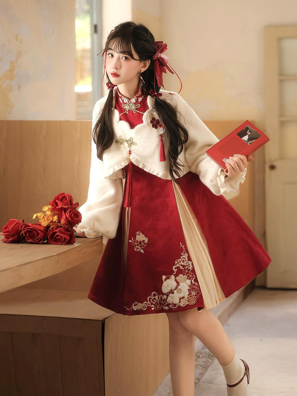 Jing Mu Red Horse Motif Mandarin Collar Cheongsam A Line Lolita Women's Long Sleeve Op