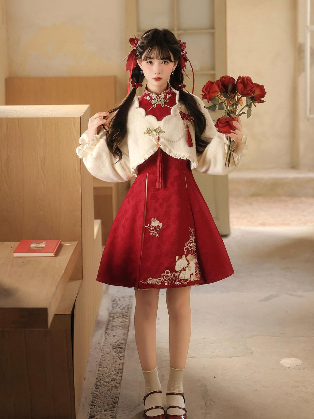 Jing Mu Red Horse Motif Mandarin Collar Cheongsam A Line Lolita Women's Long Sleeve Op
