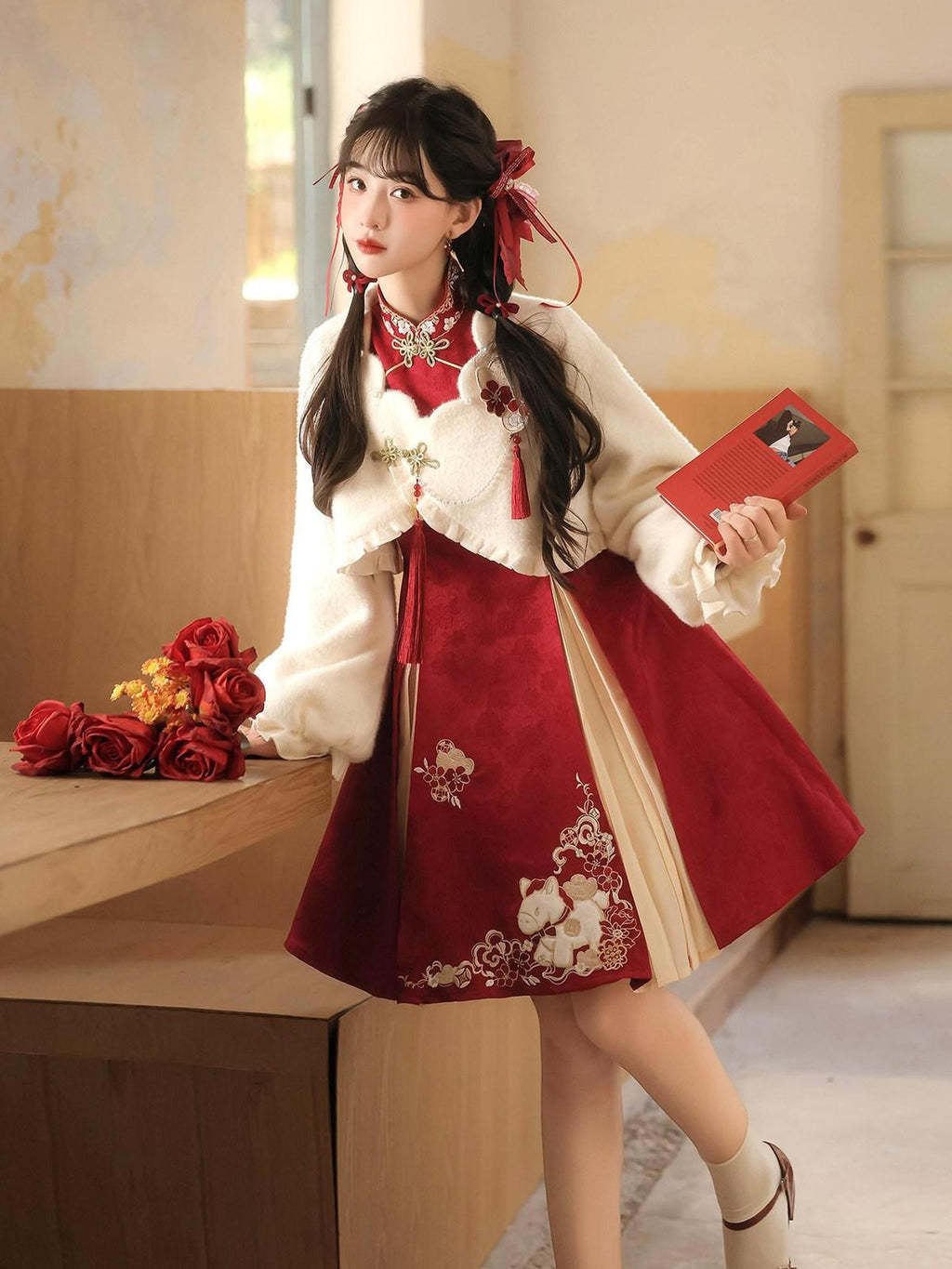 Jing Mu Red Horse Motif Mandarin Collar Cheongsam A Line Lolita Women's Long Sleeve Op