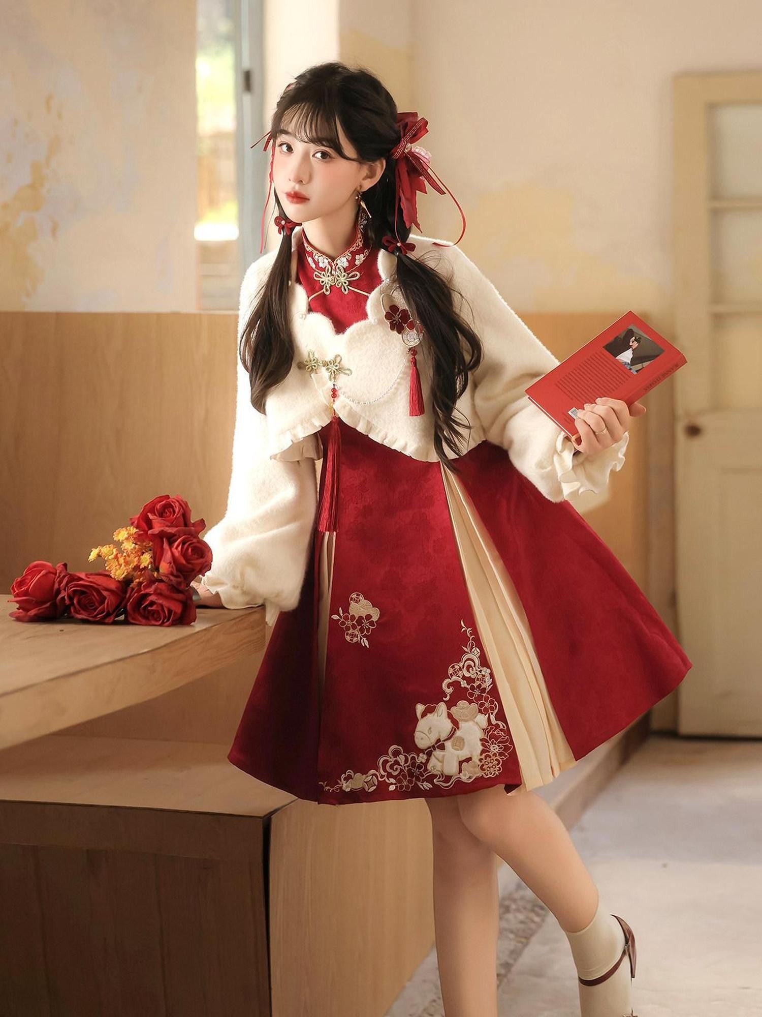 Jing Mu Red Horse Motif Mandarin Collar Cheongsam A Line Lolita Women's Long Sleeve Op