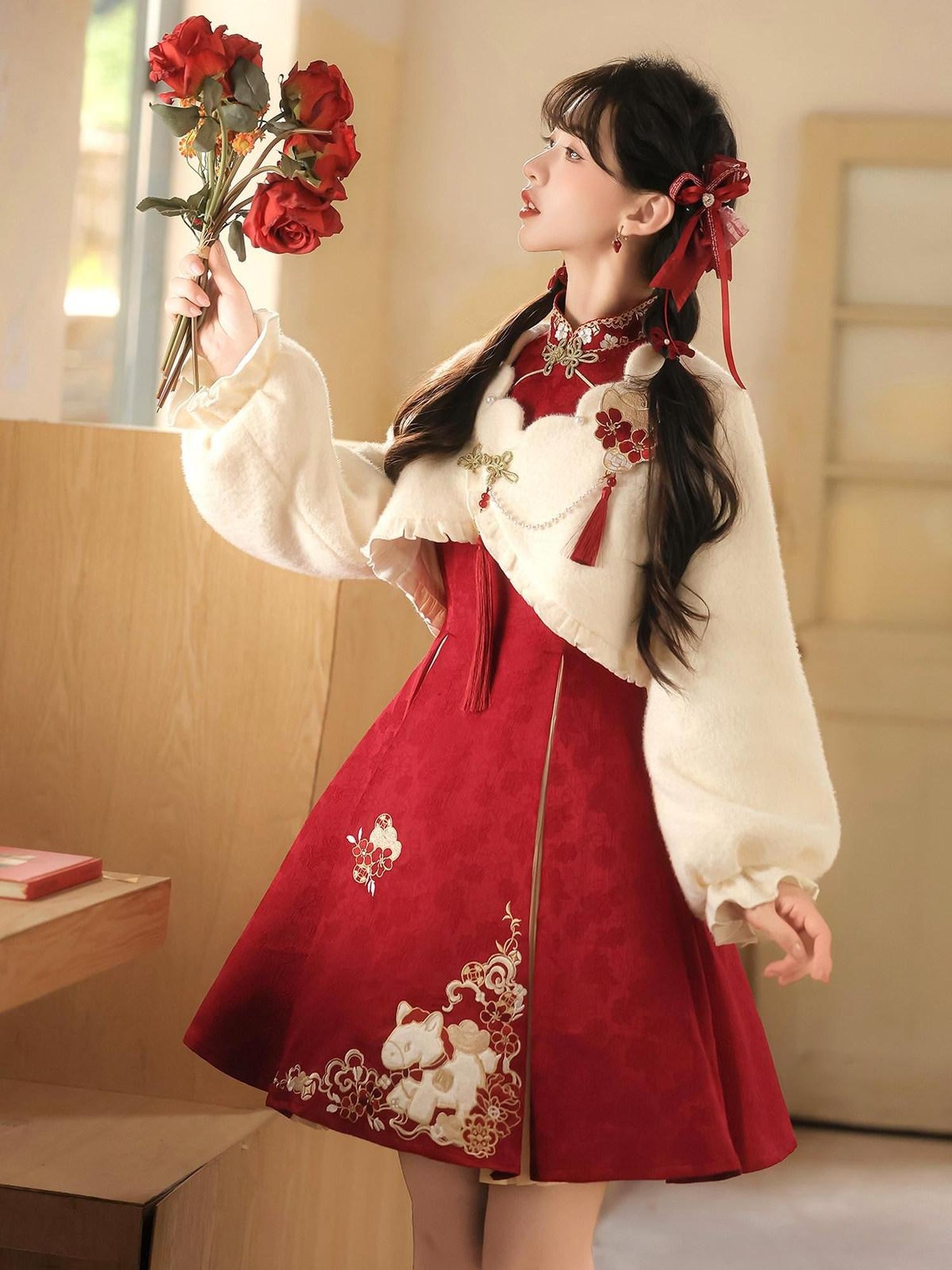 Jing Mu Red Horse Motif Mandarin Collar Cheongsam A Line Lolita Women's Long Sleeve Op