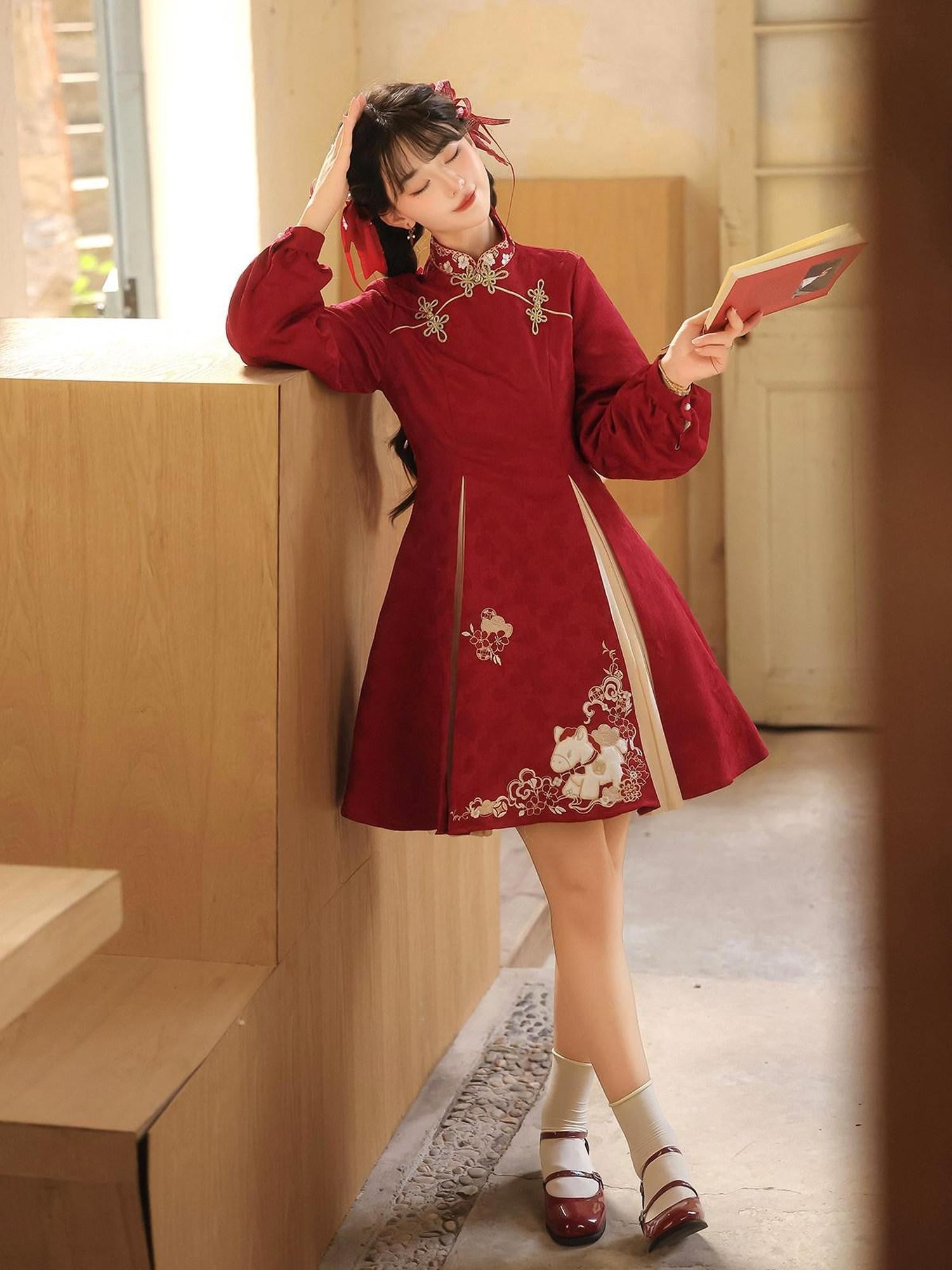 Jing Mu Red Horse Motif Mandarin Collar Cheongsam A Line Lolita Women's Long Sleeve Op