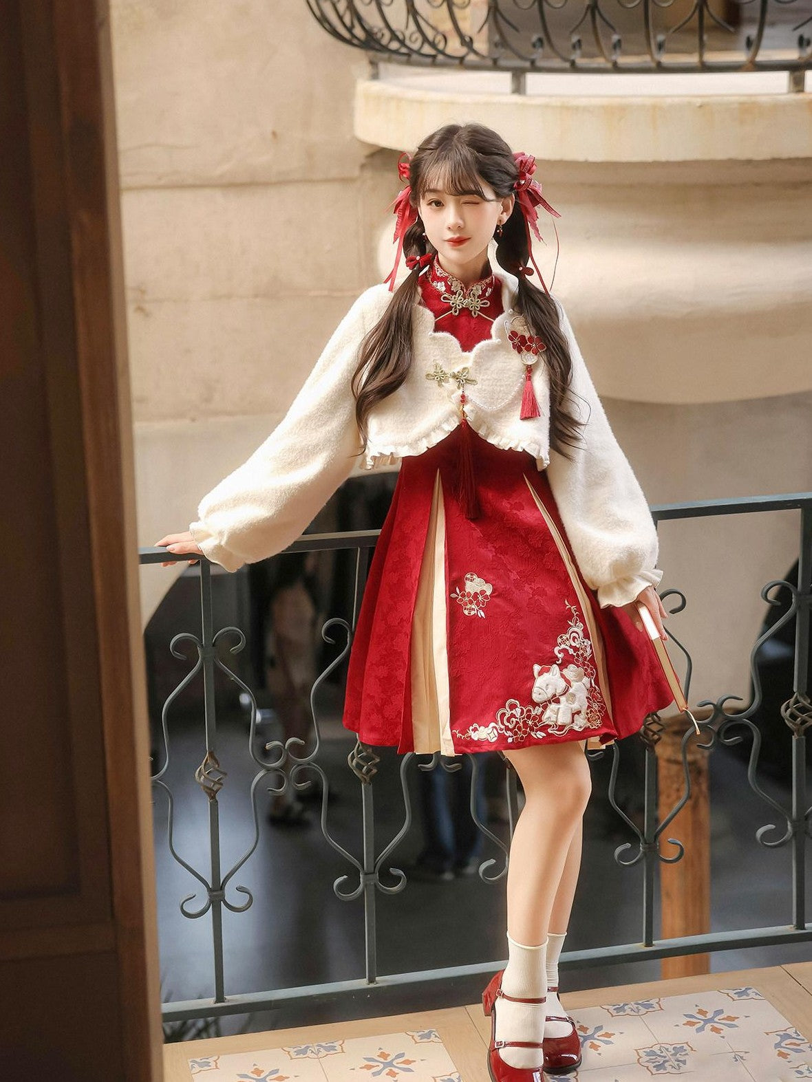 Jing Mu Red Horse Motif Mandarin Collar Cheongsam A Line Lolita Women's Long Sleeve Op
