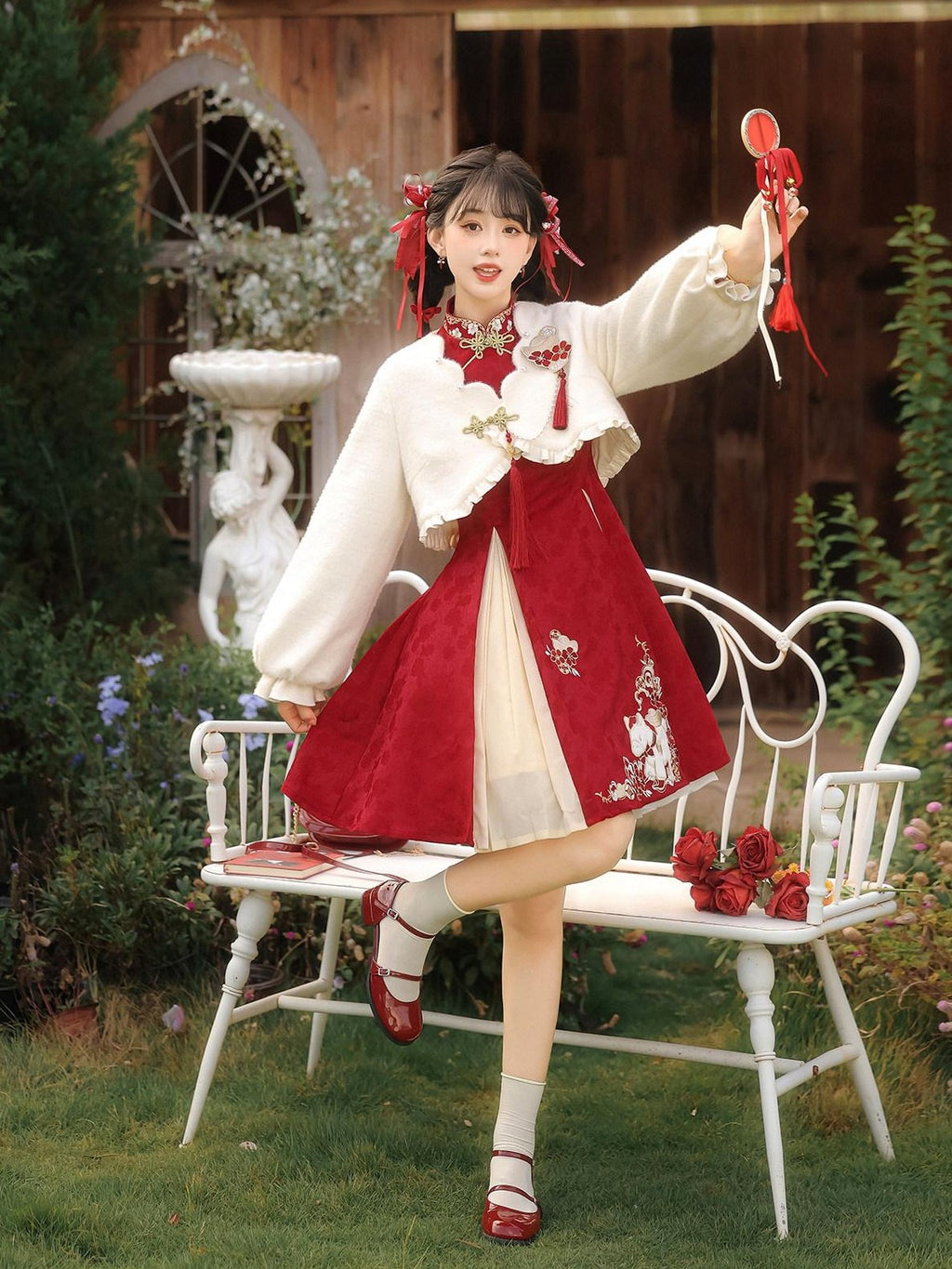 Jing Mu Red Horse Motif Mandarin Collar Cheongsam A Line Lolita Women's Long Sleeve Op