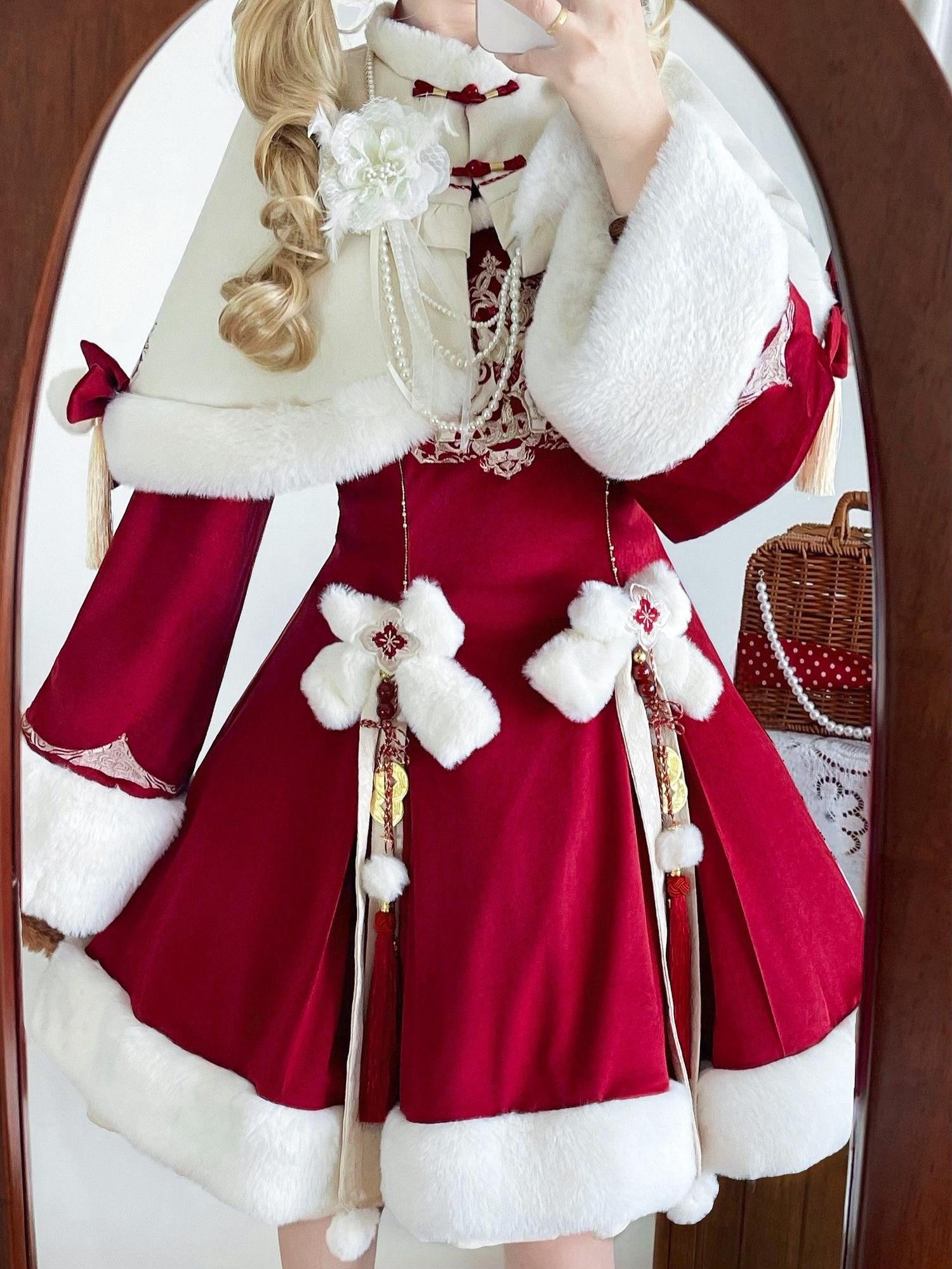 Jing Mu Red Lolita Chinese Capelet Puff Skirt Stand Collar Women's Long Sleeve Op