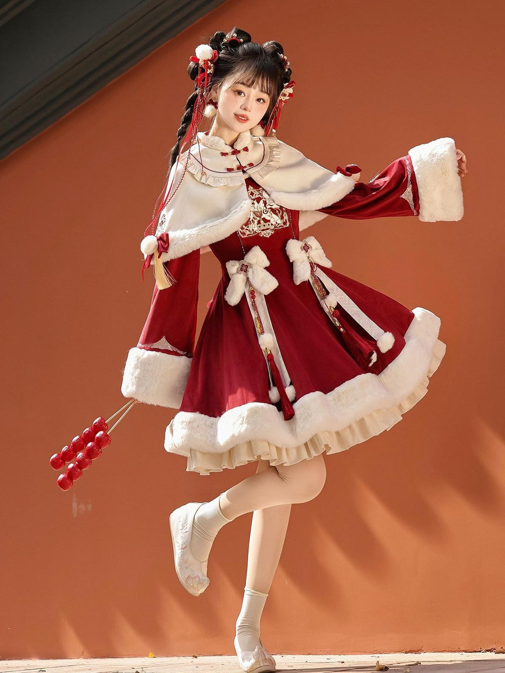 Jing Mu Red Lolita Chinese Capelet Puff Skirt Stand Collar Women's Long Sleeve Op