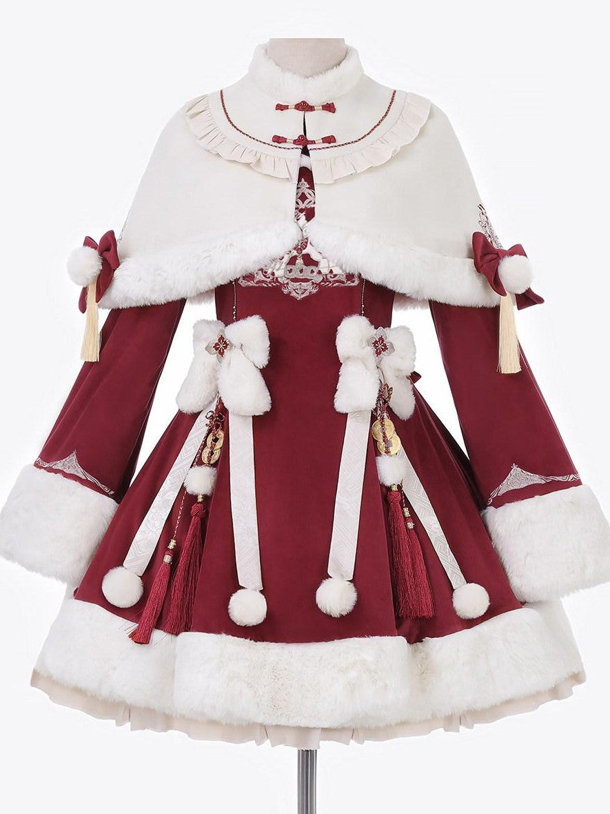 Jing Mu Red Lolita Chinese Capelet Puff Skirt Stand Collar Women's Long Sleeve Op