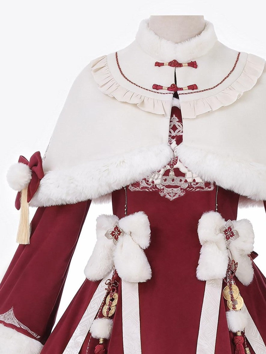 Jing Mu Red Lolita Chinese Capelet Puff Skirt Stand Collar Women's Long Sleeve Op