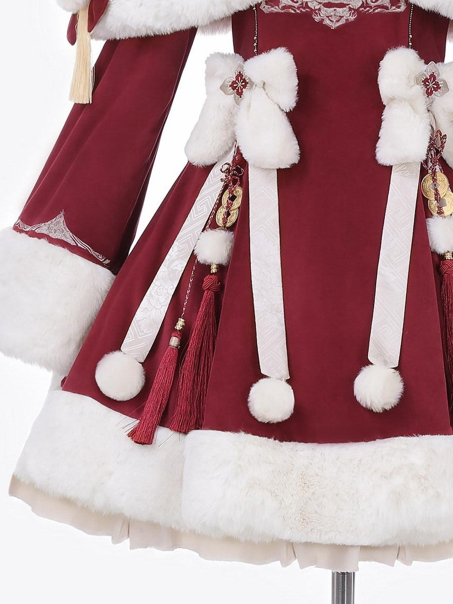 Jing Mu Red Lolita Chinese Capelet Puff Skirt Stand Collar Women's Long Sleeve Op