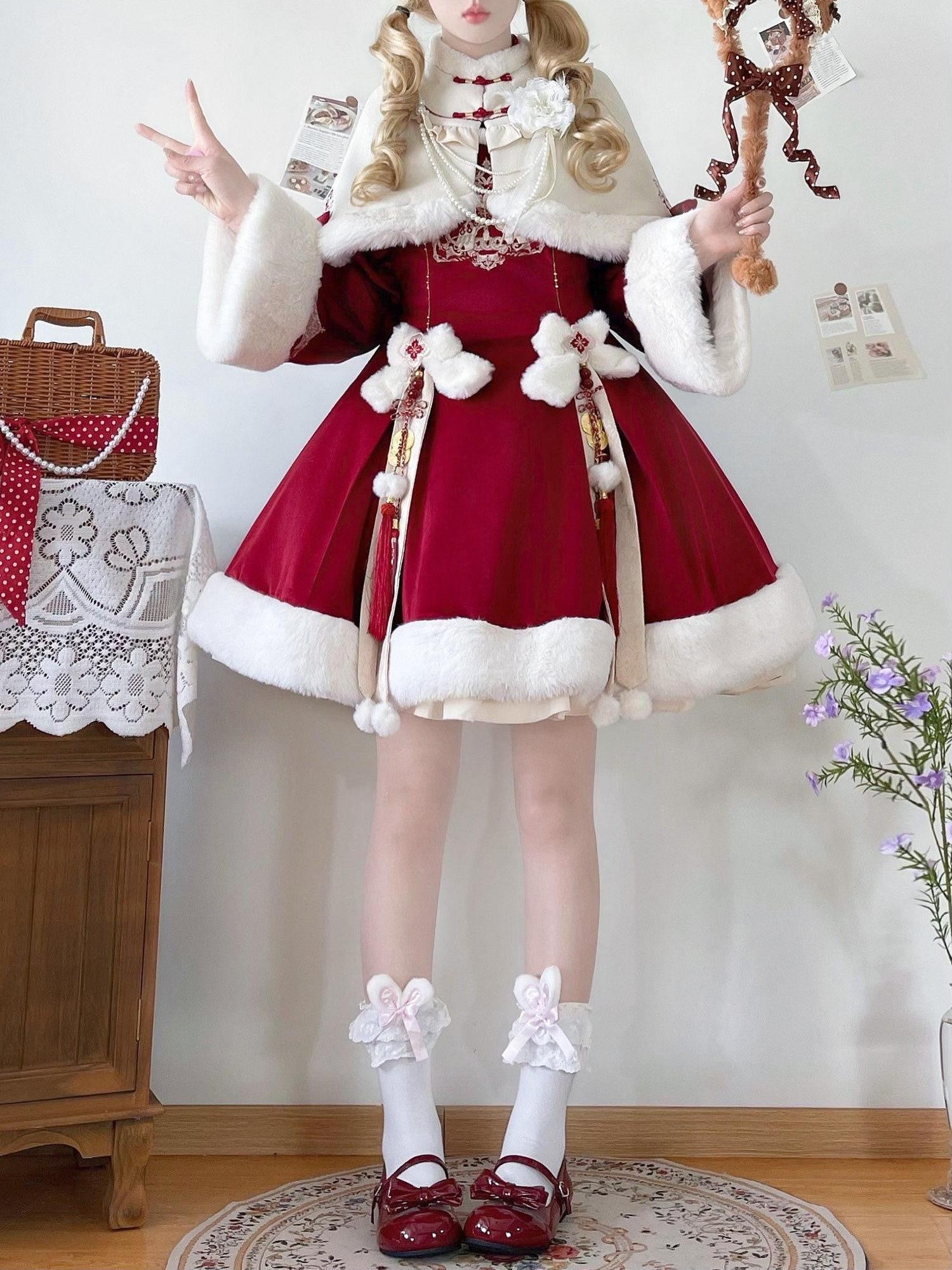 Jing Mu Red Lolita Chinese Capelet Puff Skirt Stand Collar Women's Long Sleeve Op