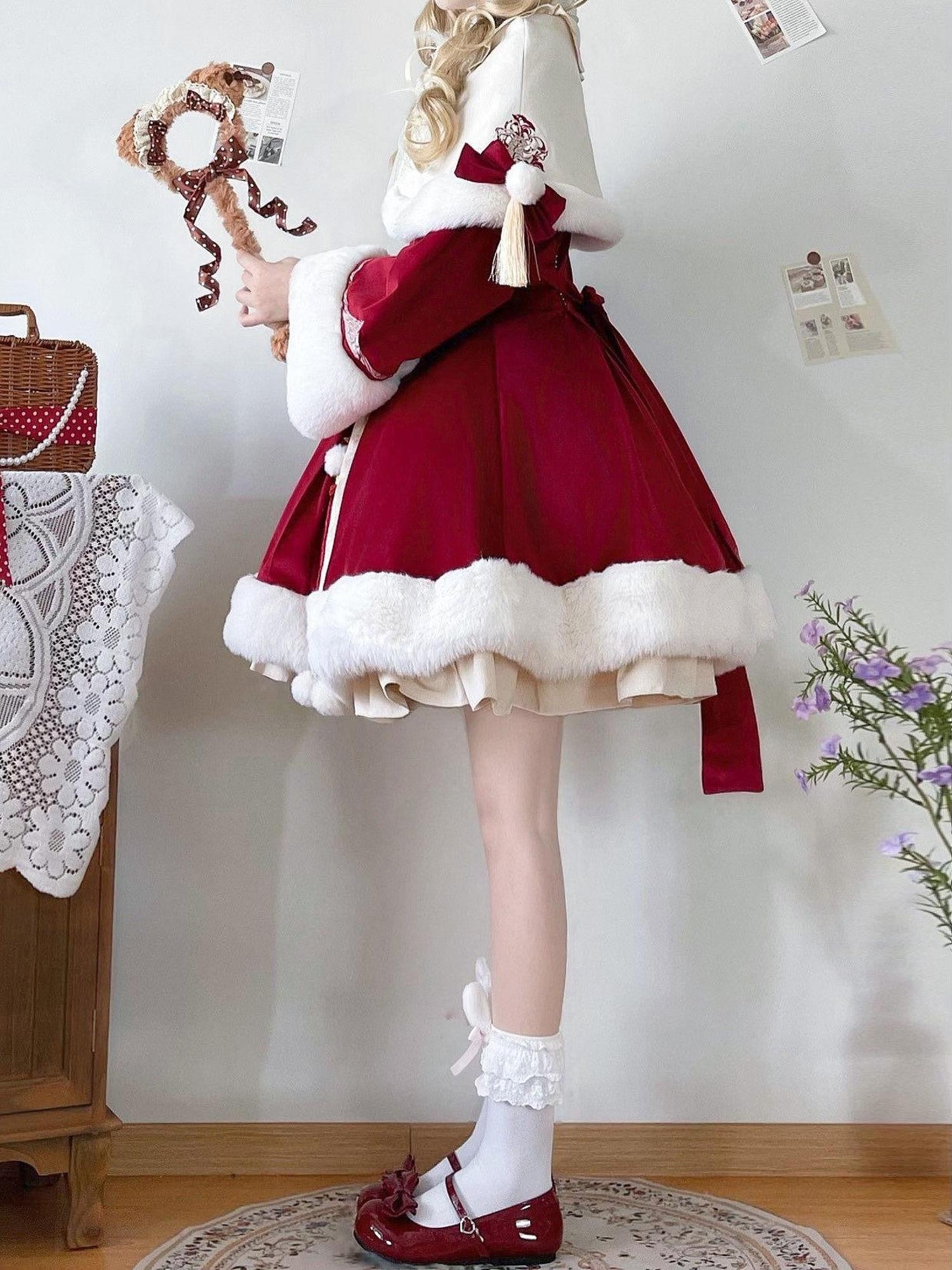 Jing Mu Red Lolita Chinese Capelet Puff Skirt Stand Collar Women's Long Sleeve Op