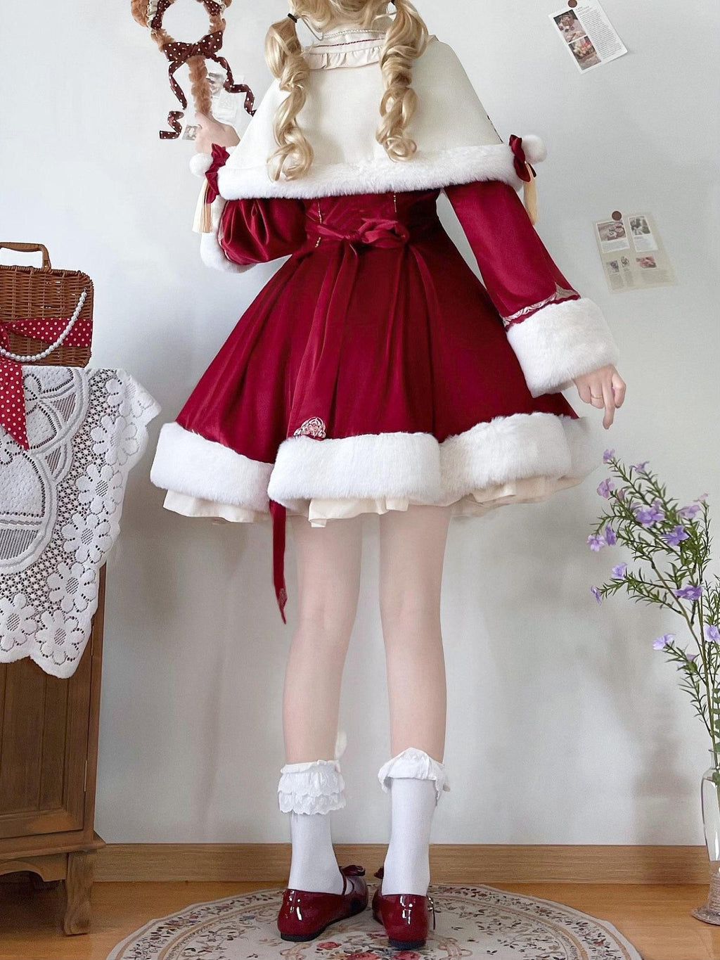 Jing Mu Red Lolita Chinese Capelet Puff Skirt Stand Collar Women's Long Sleeve Op