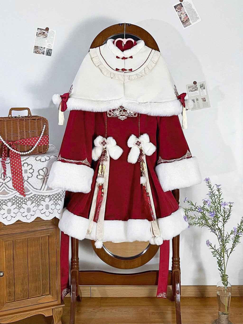 Jing Mu Red Lolita Chinese Capelet Puff Skirt Stand Collar Women's Long Sleeve Op