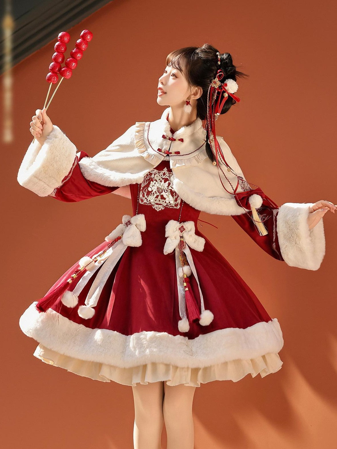 Jing Mu Red Lolita Chinese Capelet Puff Skirt Stand Collar Women's Long Sleeve Op