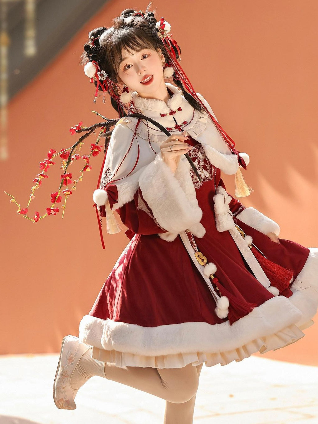 Jing Mu Red Lolita Chinese Capelet Puff Skirt Stand Collar Women's Long Sleeve Op