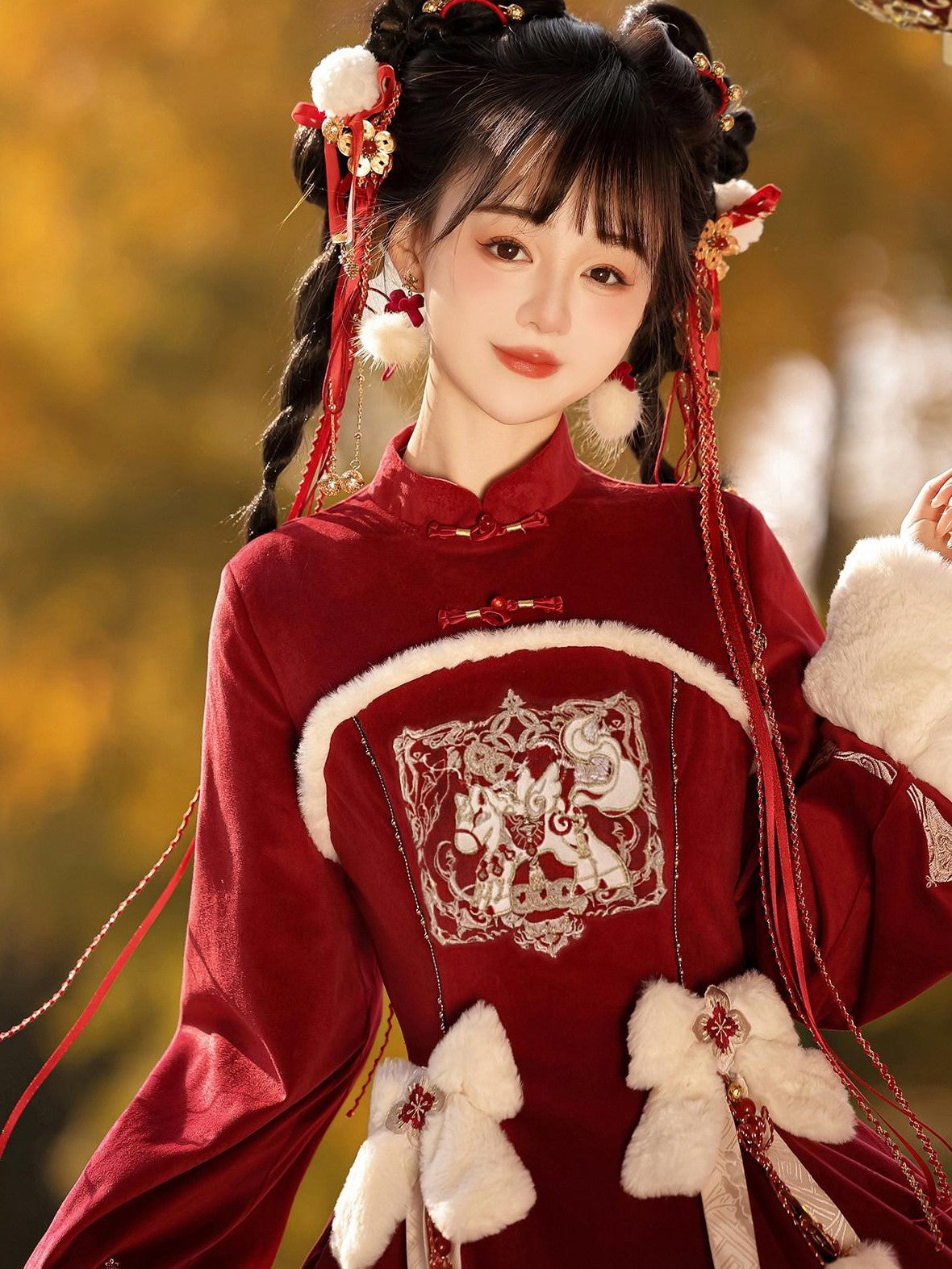 Jing Mu Red Lolita Chinese Capelet Puff Skirt Stand Collar Women's Long Sleeve Op