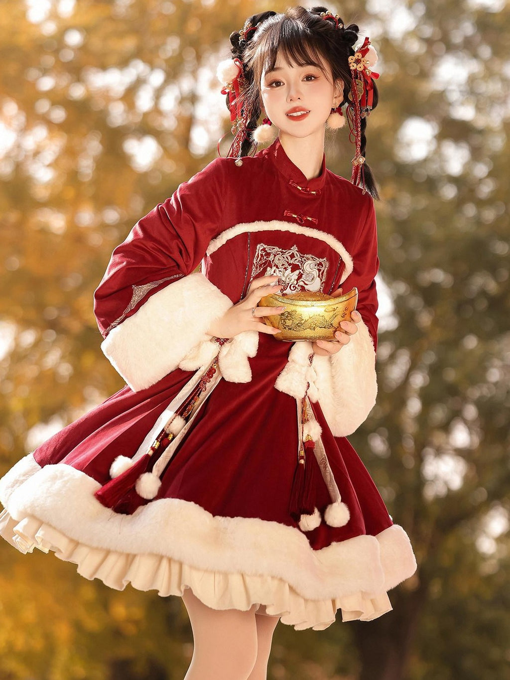Jing Mu Red Lolita Chinese Capelet Puff Skirt Stand Collar Women's Long Sleeve Op