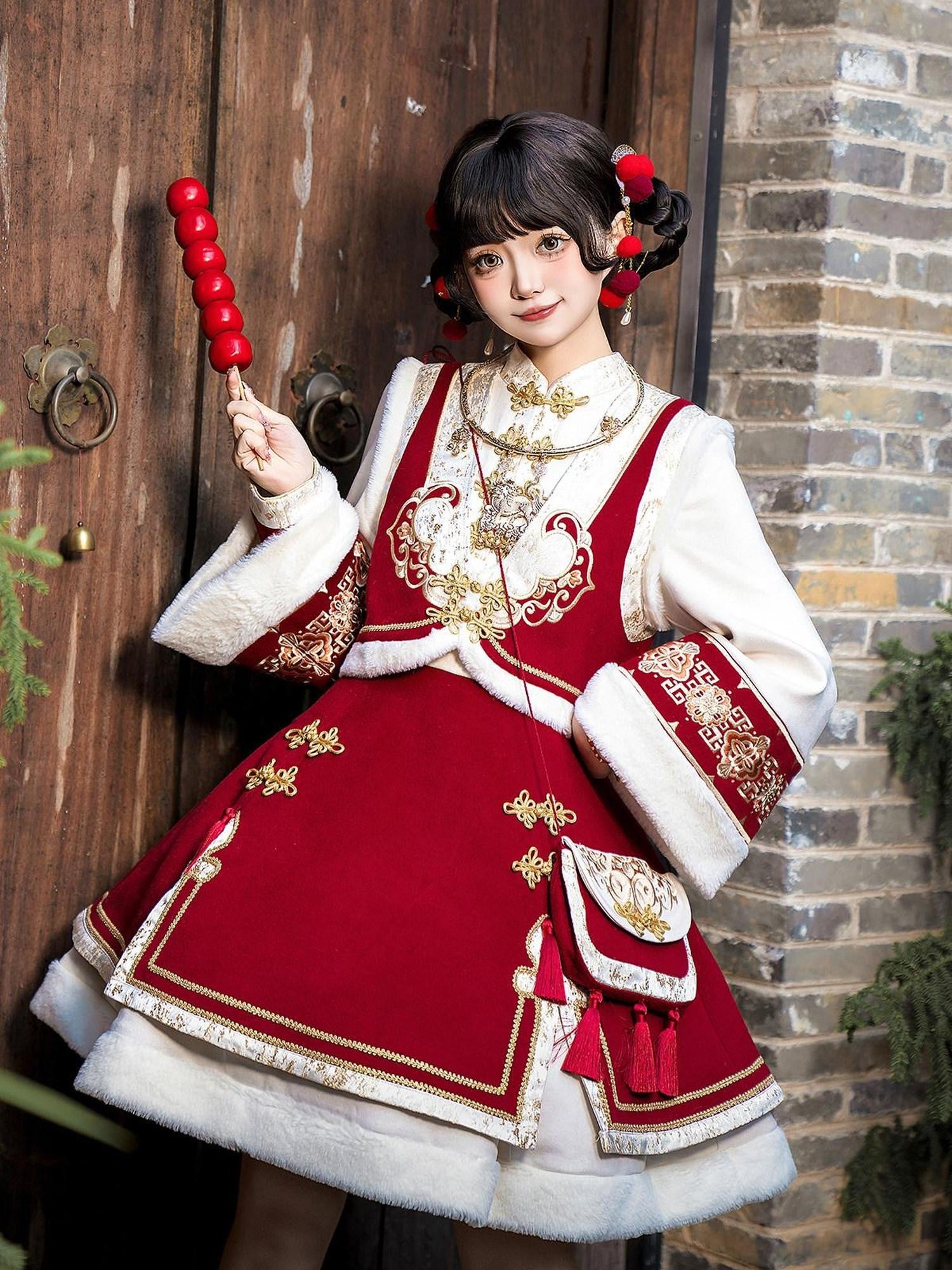 Jing Mu Red Lolita Chinese Style Stand Collar Vest And A Line Dress Women's Op Sets