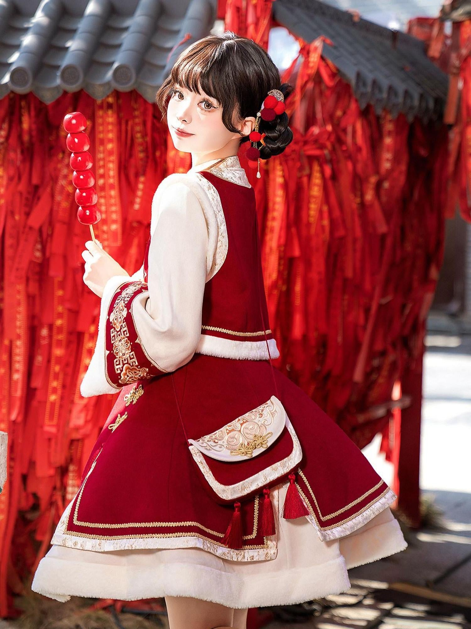Jing Mu Red Lolita Chinese Style Stand Collar Vest And A Line Dress Women's Op Sets