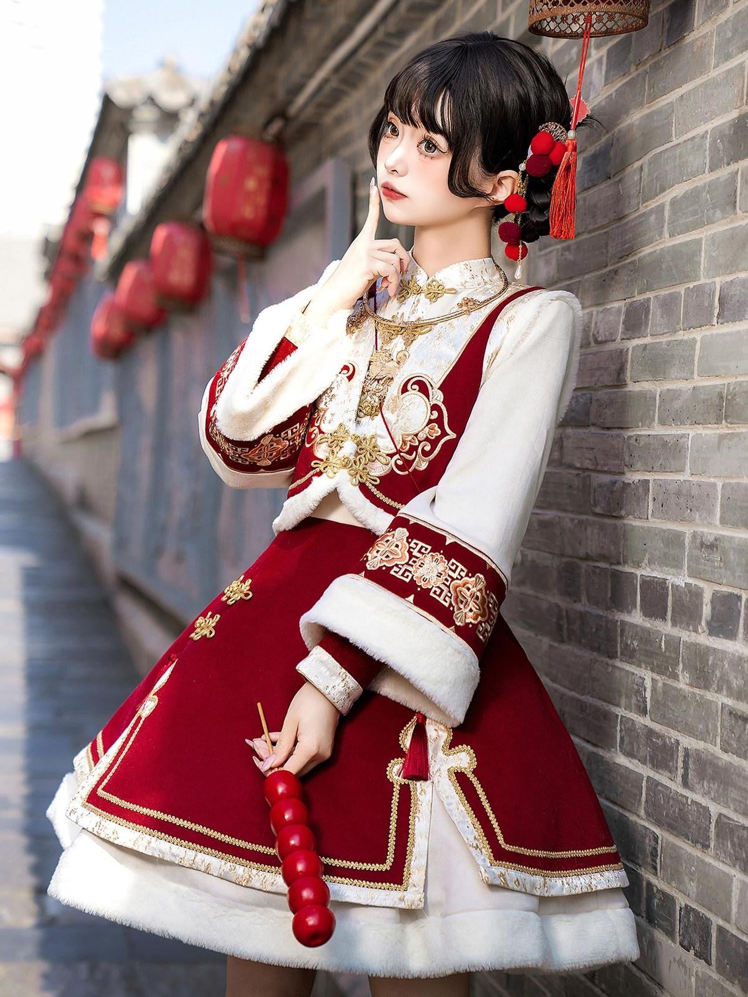 Jing Mu Red Lolita Chinese Style Stand Collar Vest And A Line Dress Women's Op Sets