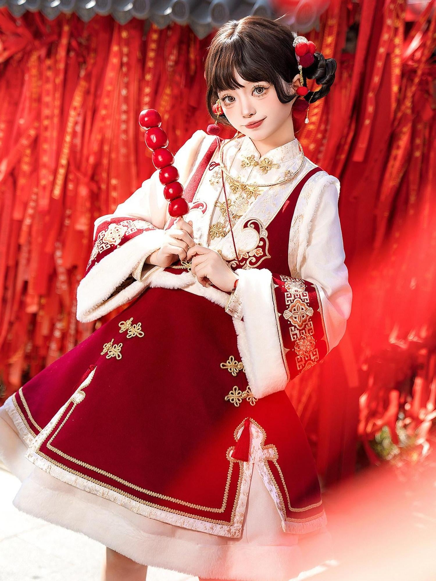 Jing Mu Red Lolita Chinese Style Stand Collar Vest And A Line Dress Women's Op Sets