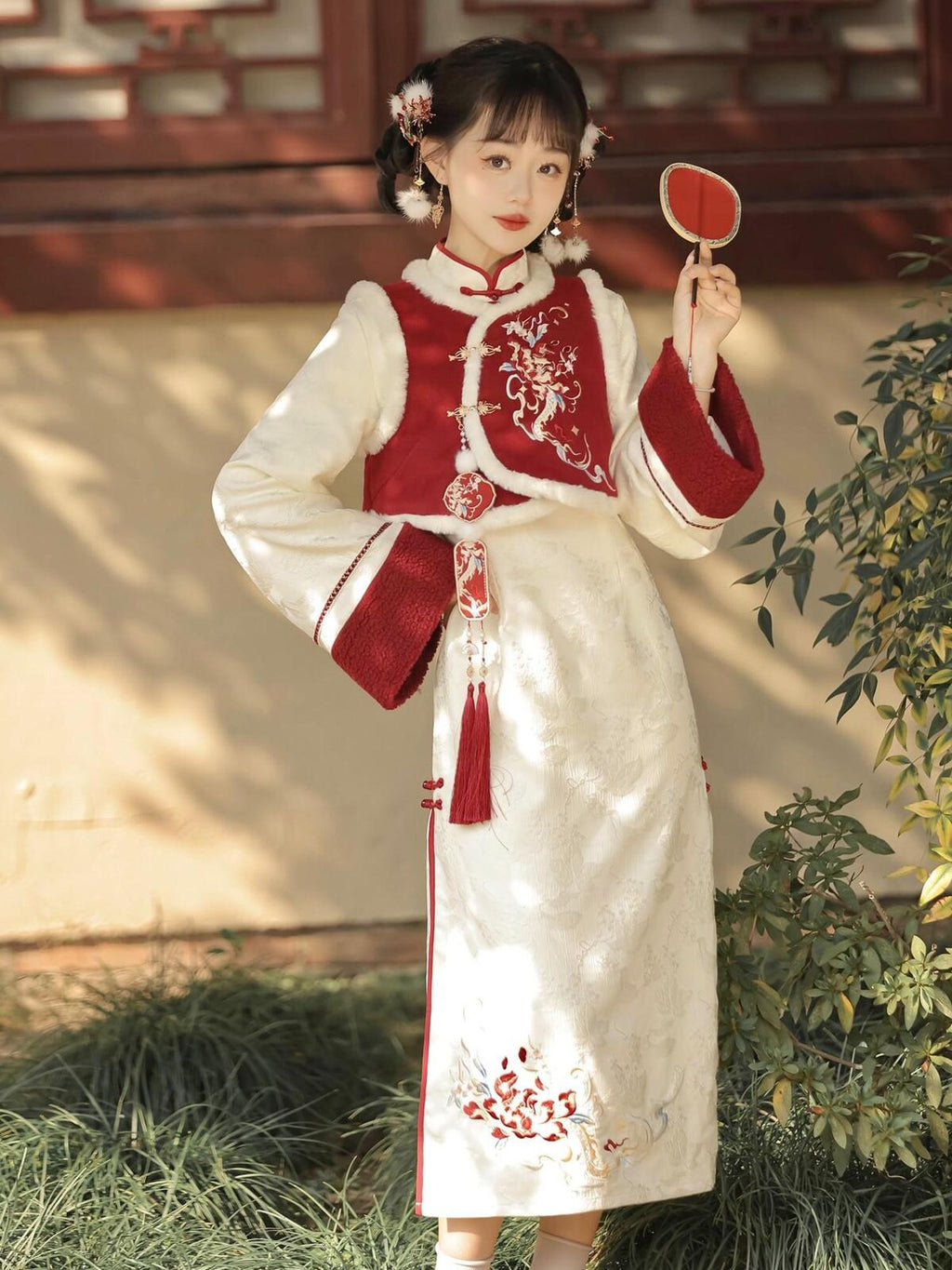 Jing Mu Red Modified Cheongsam Vest Two Piece Bell Sleeve Women's Long Sleeve Op