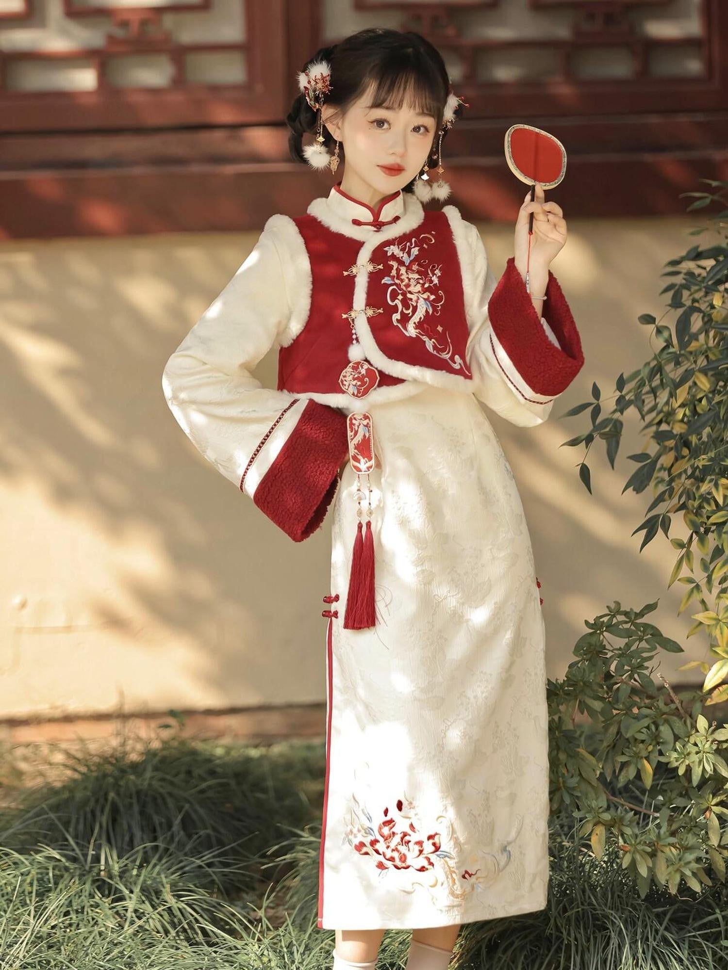 Jing Mu Red Modified Cheongsam Vest Two Piece Bell Sleeve Women's Long Sleeve Op