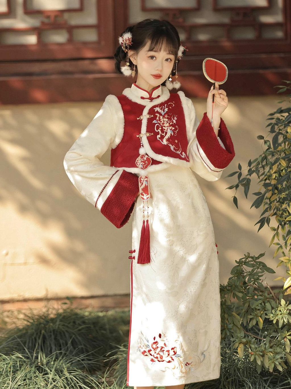 Jing Mu Red Modified Cheongsam Vest Two Piece Bell Sleeve Women's Long Sleeve Op