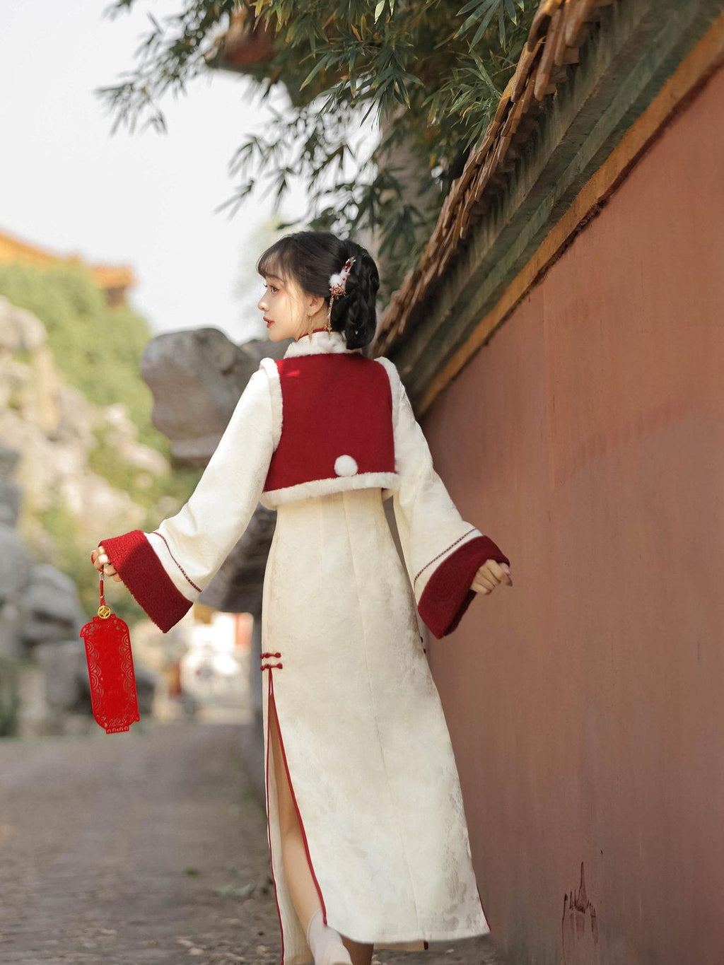 Jing Mu Red Modified Cheongsam Vest Two Piece Bell Sleeve Women's Long Sleeve Op
