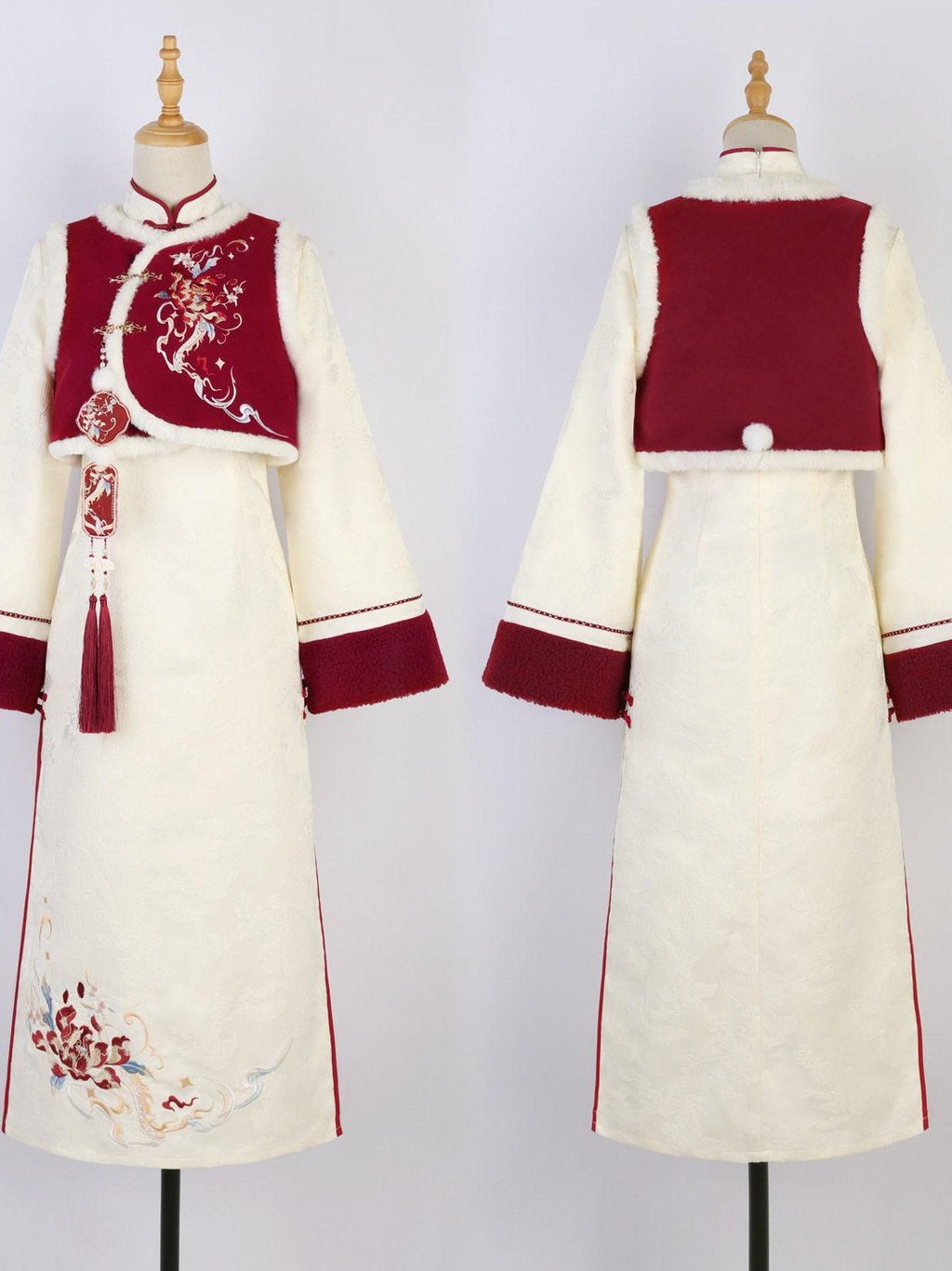 Jing Mu Red Modified Cheongsam Vest Two Piece Bell Sleeve Women's Long Sleeve Op