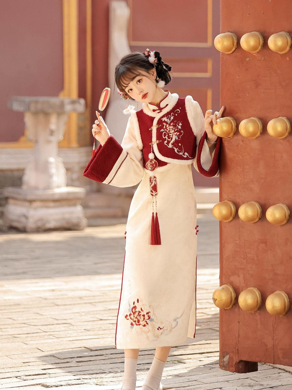 Jing Mu Red Modified Cheongsam Vest Two Piece Bell Sleeve Women's Long Sleeve Op