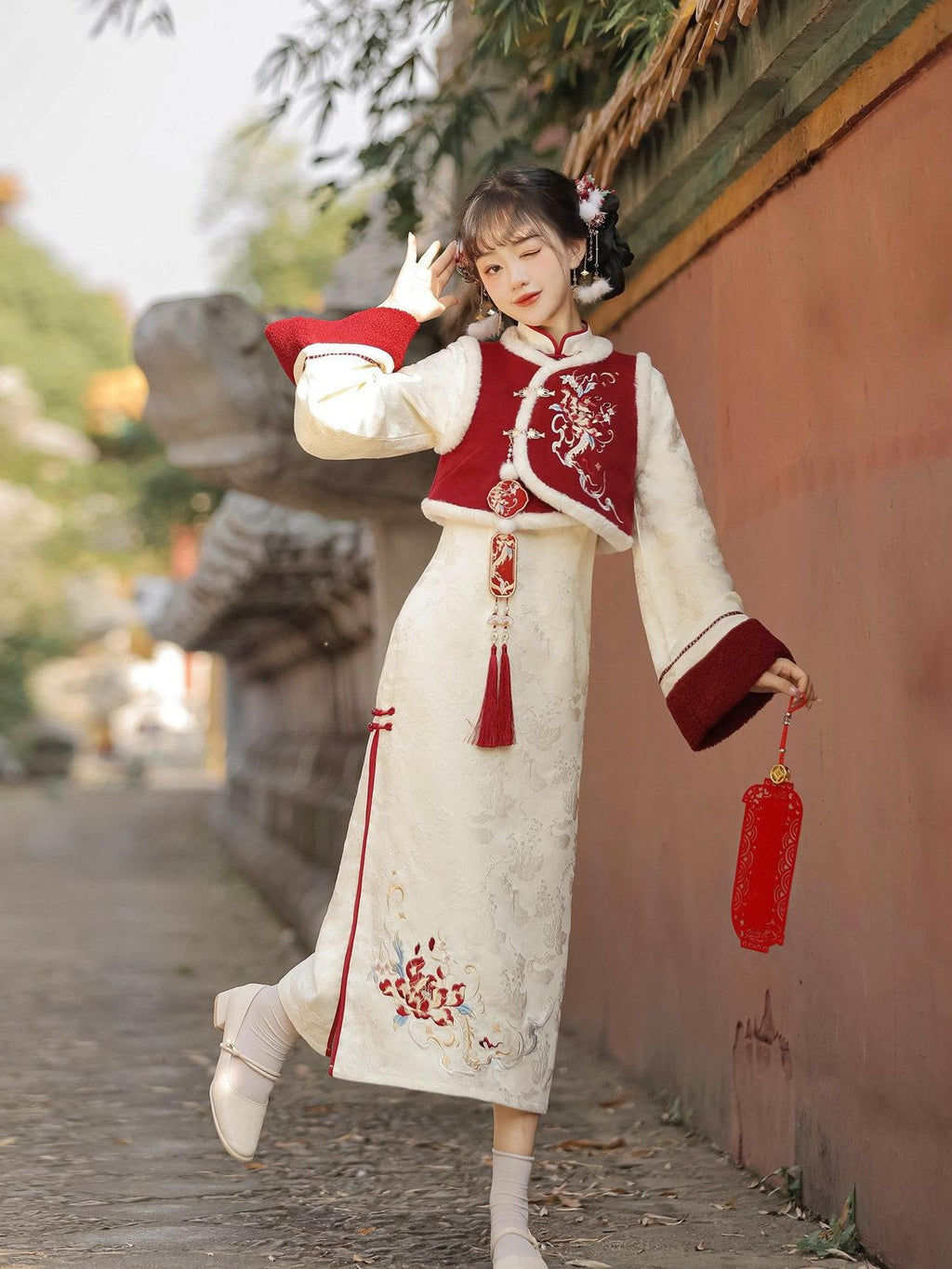Jing Mu Red Modified Cheongsam Vest Two Piece Bell Sleeve Women's Long Sleeve Op