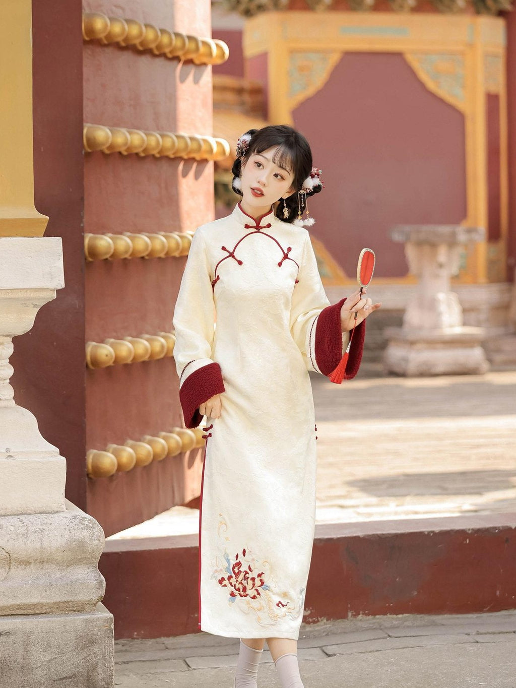 Jing Mu Red Modified Cheongsam Vest Two Piece Bell Sleeve Women's Long Sleeve Op