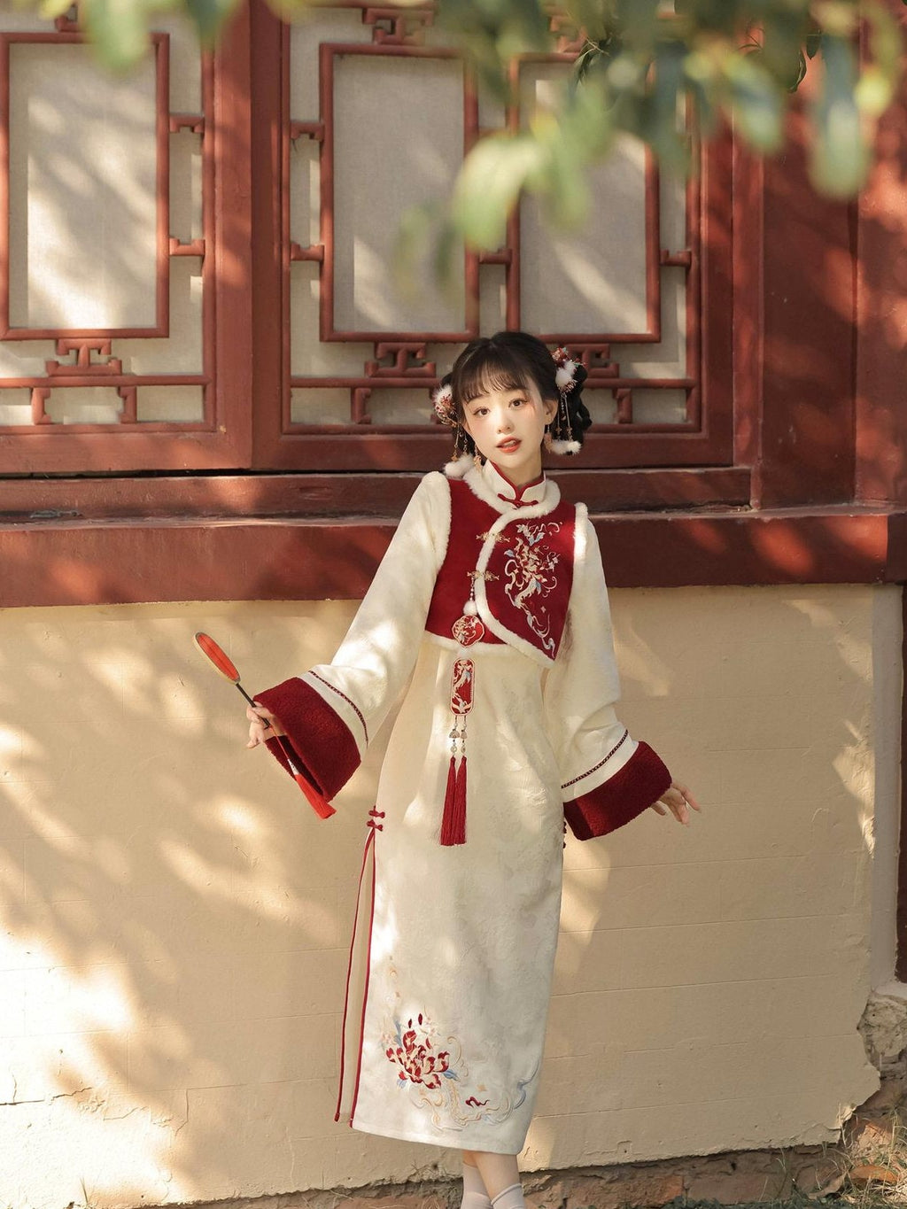 Jing Mu Red Modified Cheongsam Vest Two Piece Bell Sleeve Women's Long Sleeve Op