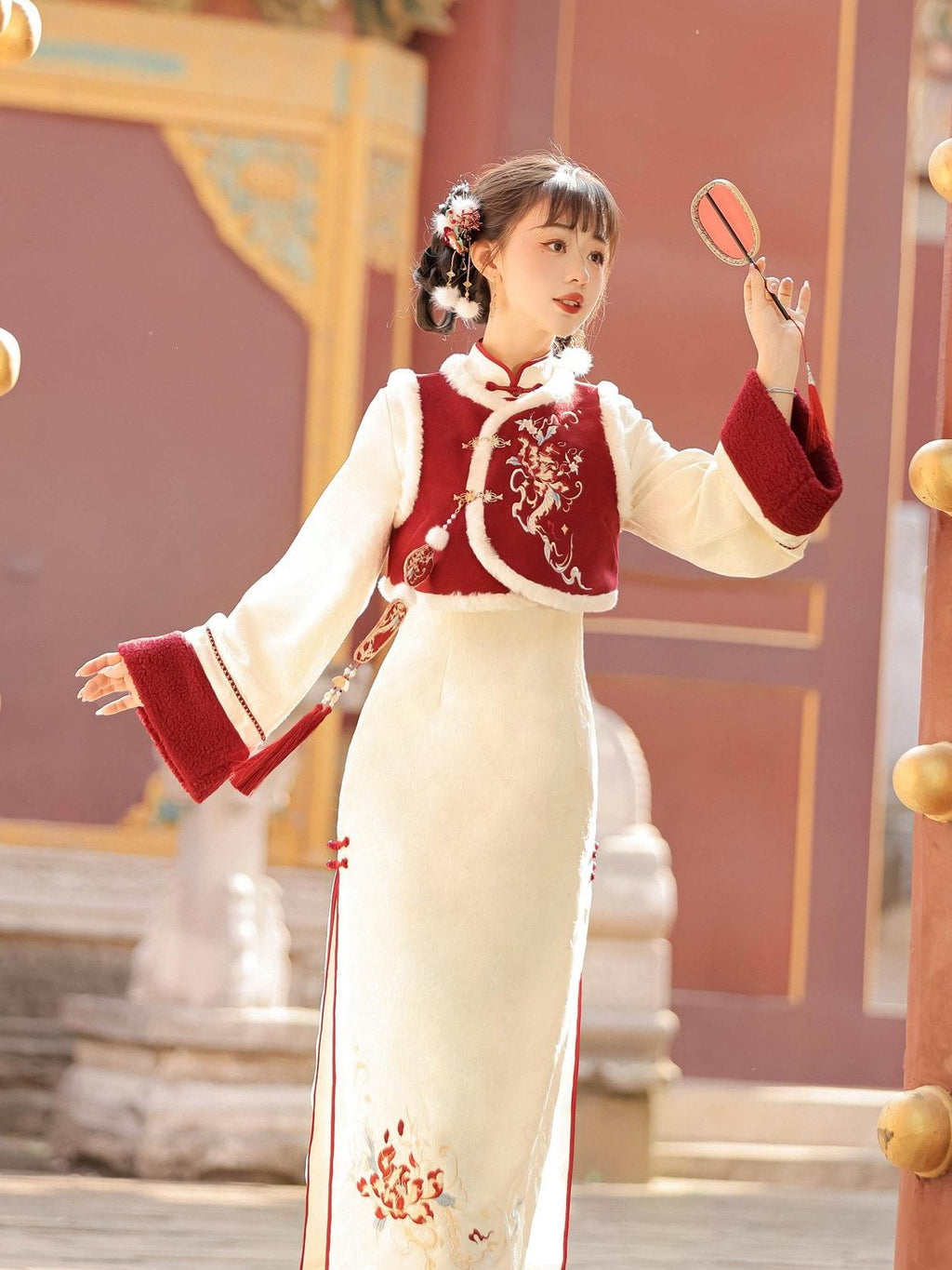 Jing Mu Red Modified Cheongsam Vest Two Piece Bell Sleeve Women's Long Sleeve Op