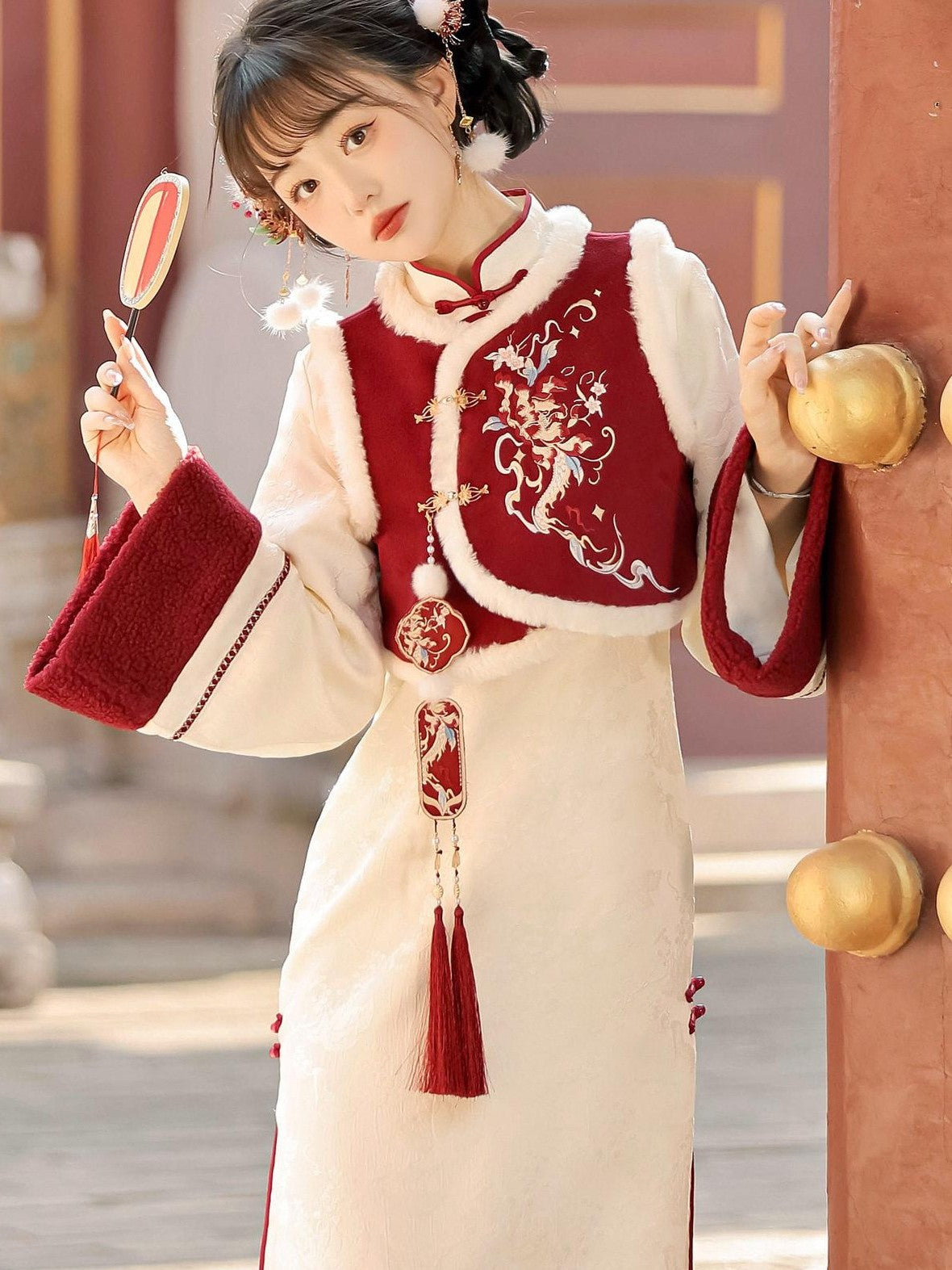 Jing Mu Red Modified Cheongsam Vest Two Piece Bell Sleeve Women's Long Sleeve Op
