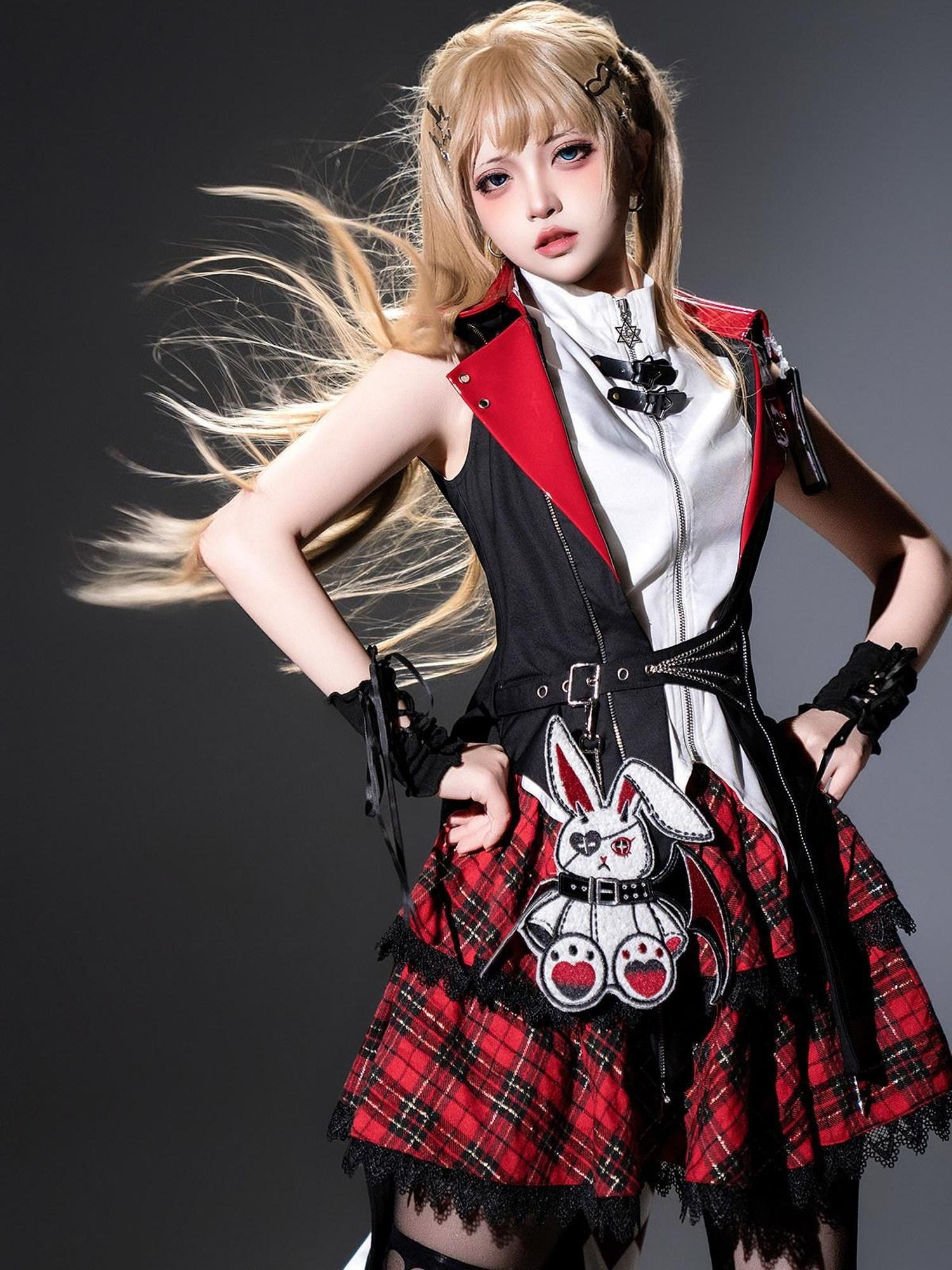 Jing Mu Red Plaid Asymmetrical Punk Lolita Bunny Stand Collar Women's Skirt Sets