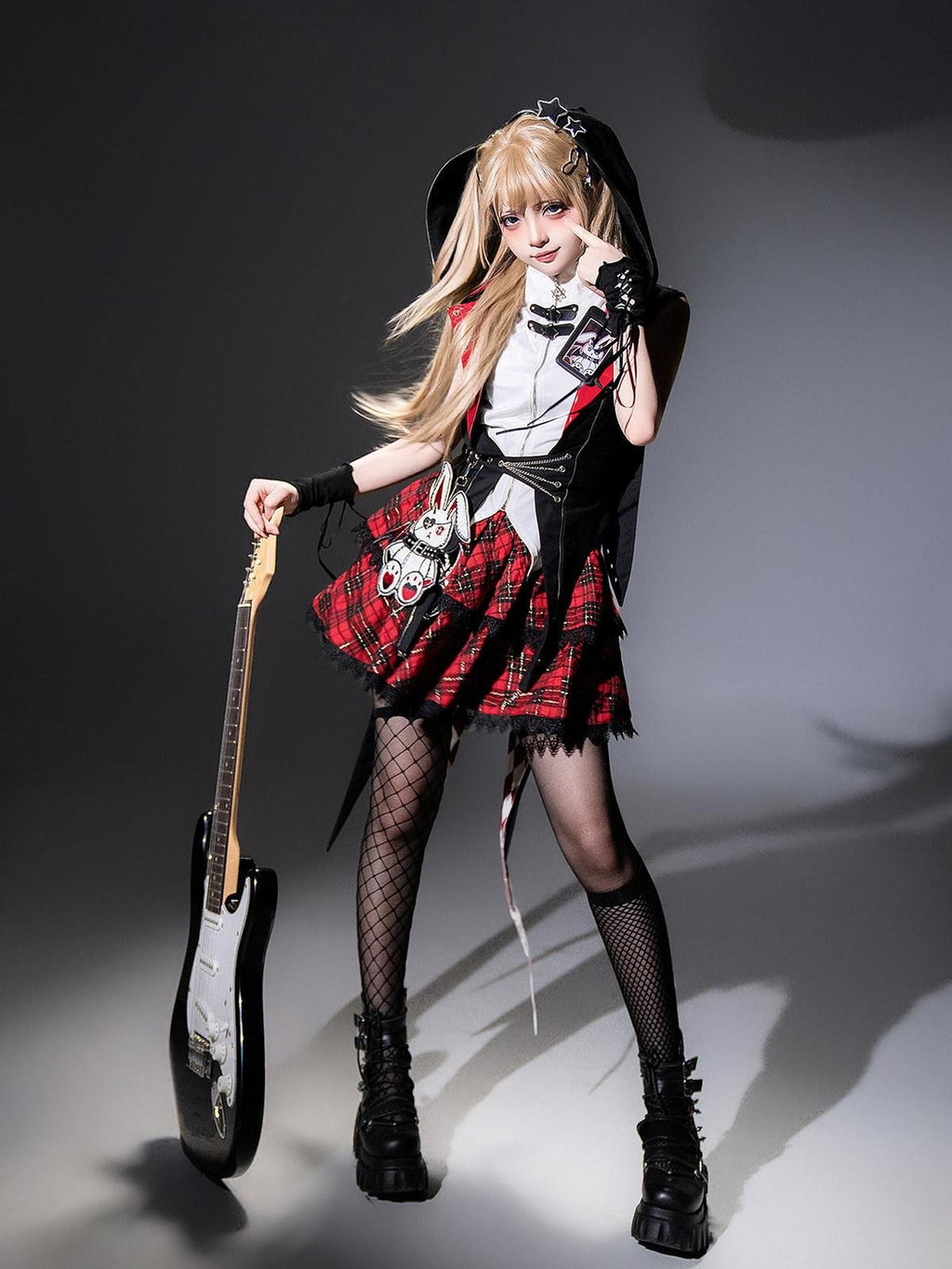 Jing Mu Red Plaid Asymmetrical Punk Lolita Bunny Stand Collar Women's Skirt Sets
