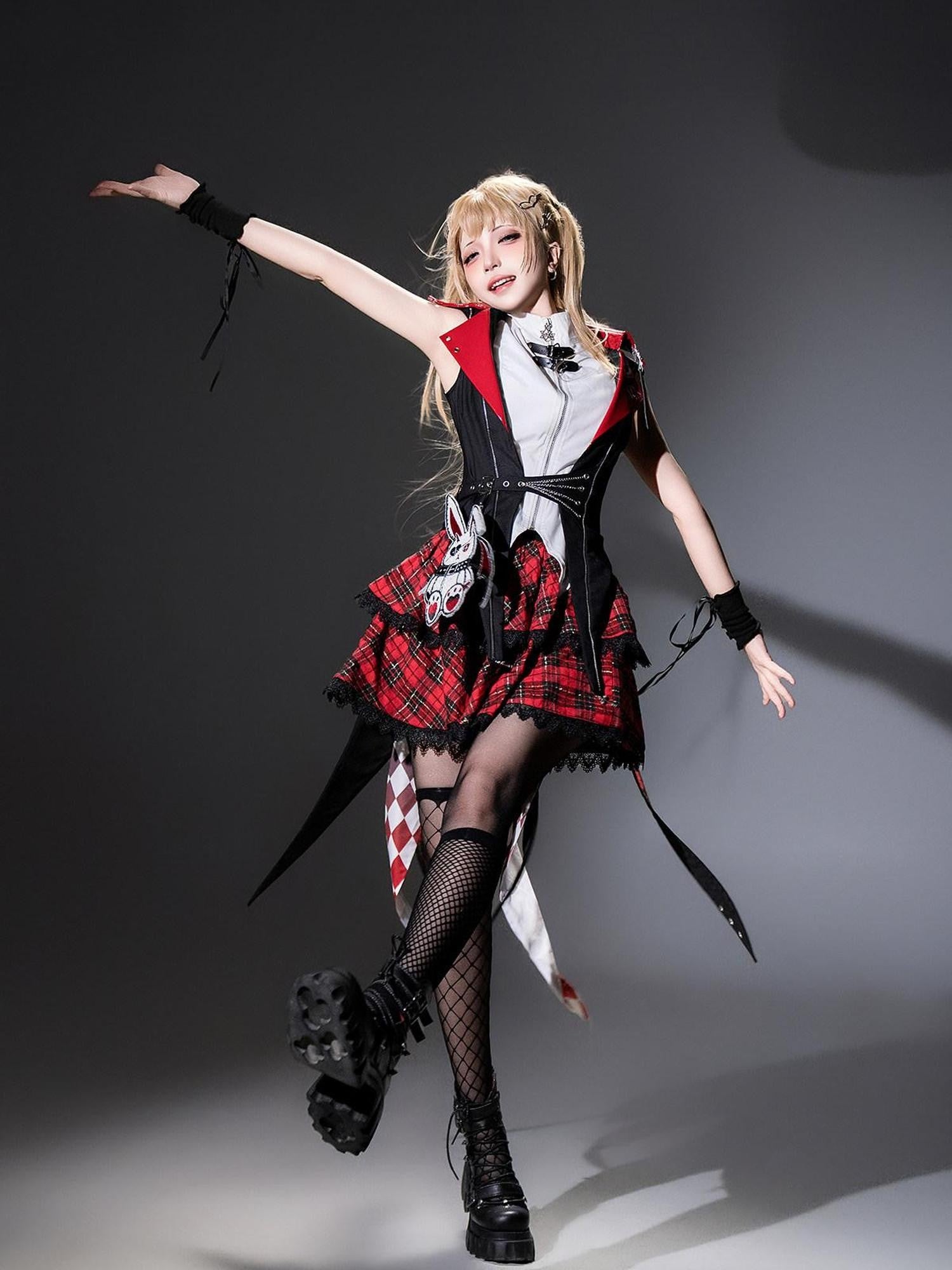 Jing Mu Red Plaid Asymmetrical Punk Lolita Bunny Stand Collar Women's Skirt Sets