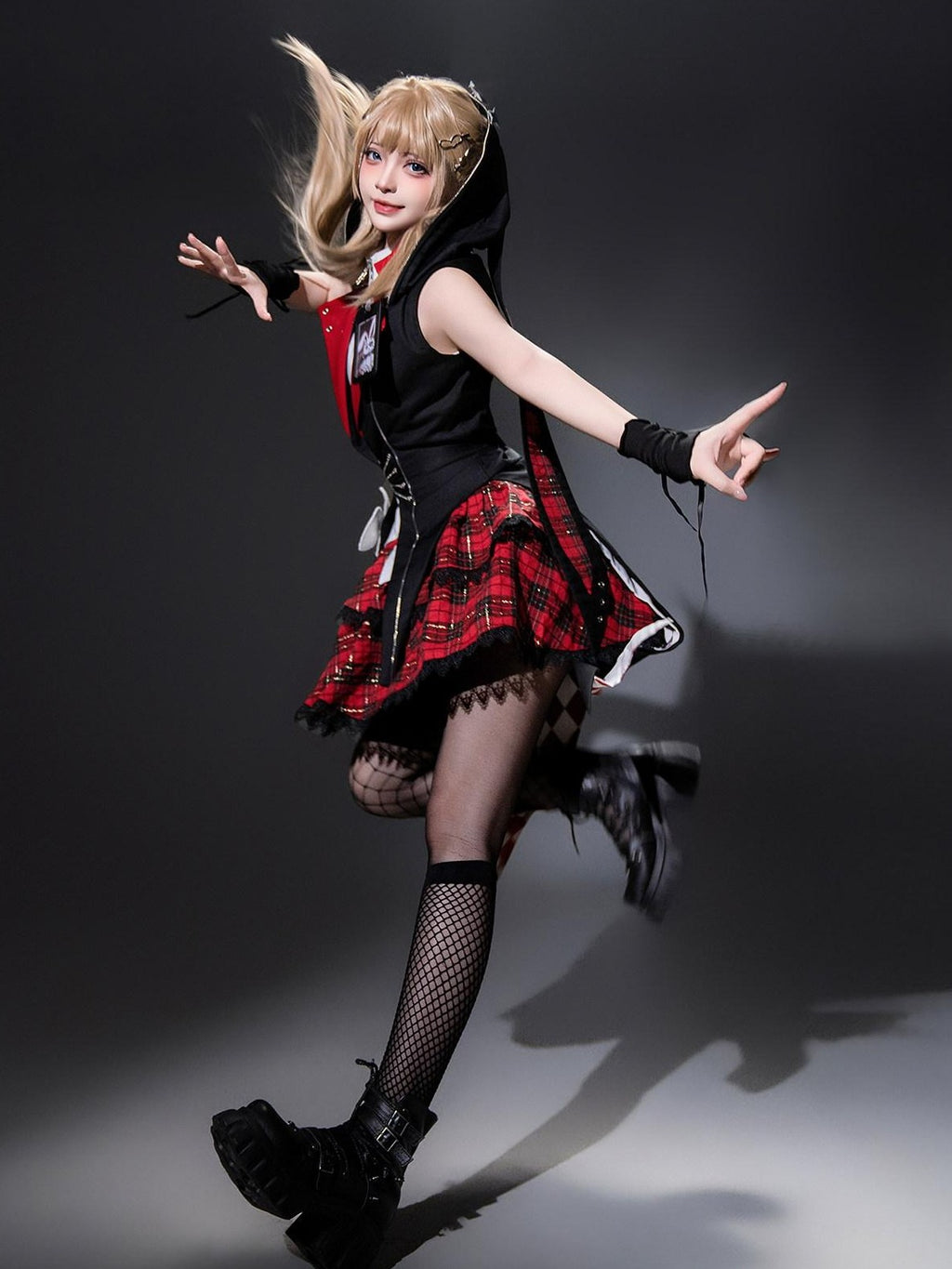 Jing Mu Red Plaid Asymmetrical Punk Lolita Bunny Stand Collar Women's Skirt Sets