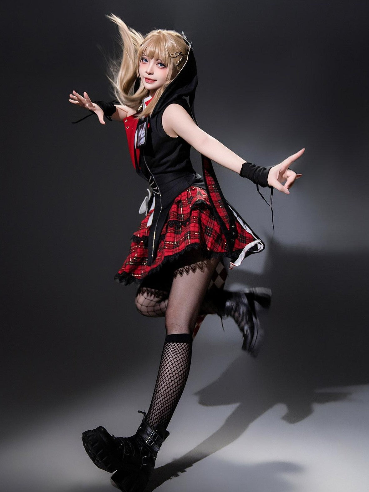 Jing Mu Red Plaid Asymmetrical Punk Lolita Bunny Stand Collar Women's Skirt Sets