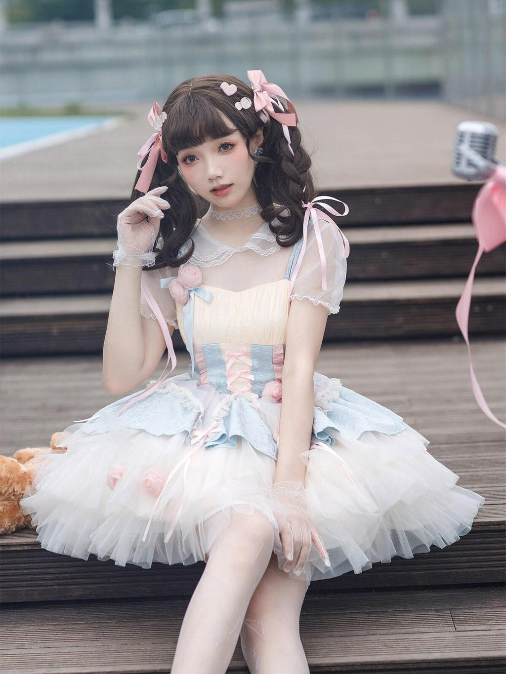 Jing Mu Rose Peach Lolita Square Neck Slim Mini Women's Polyester Short Sleeve Op