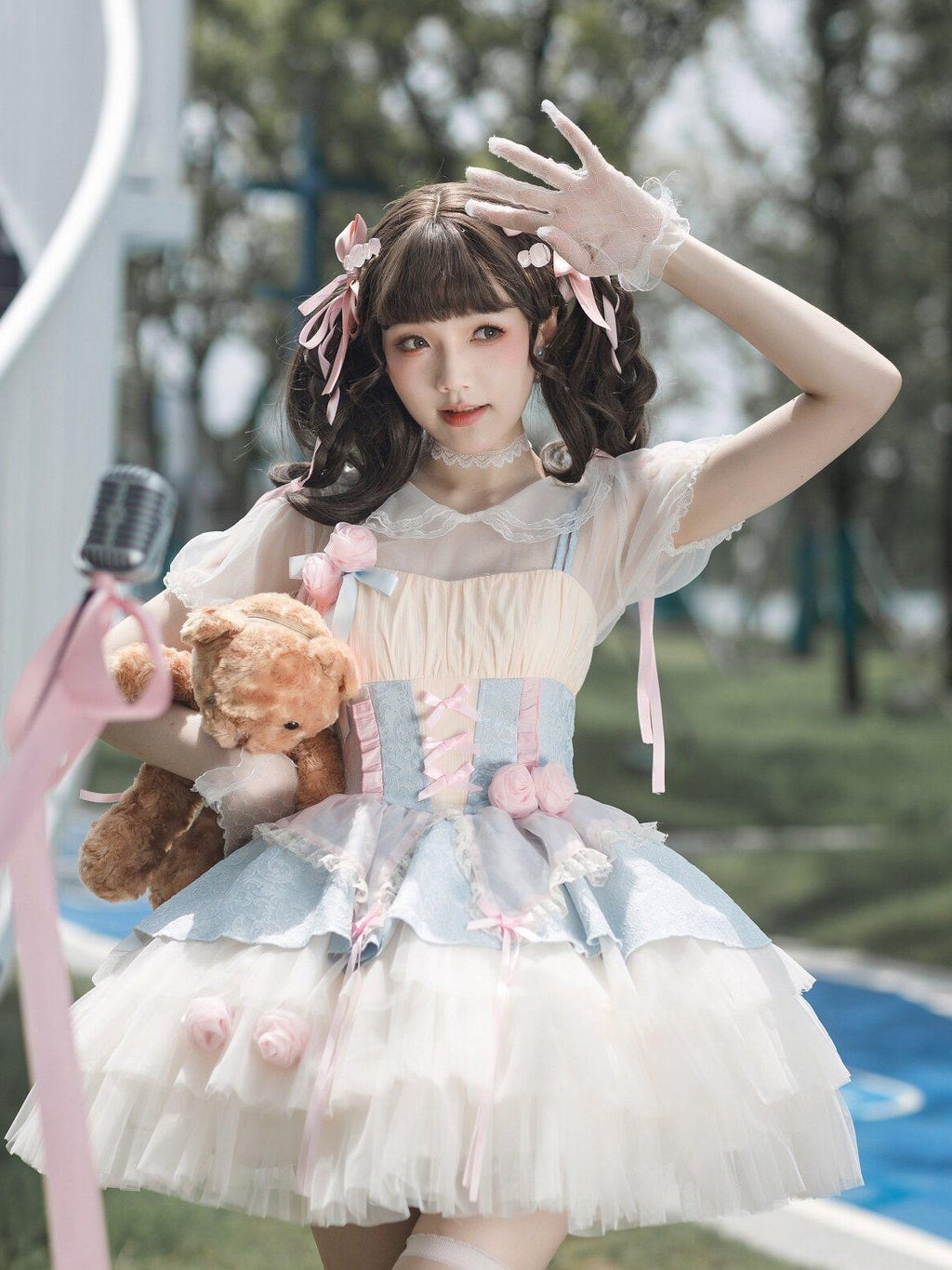 Jing Mu Rose Peach Lolita Square Neck Slim Mini Women's Polyester Short Sleeve Op