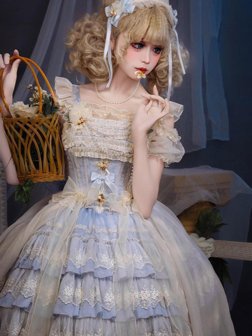 Jing Mu Rose Print Ballet Train Lolita Spaghetti Strap Women's Jsk / Jumper Skirts